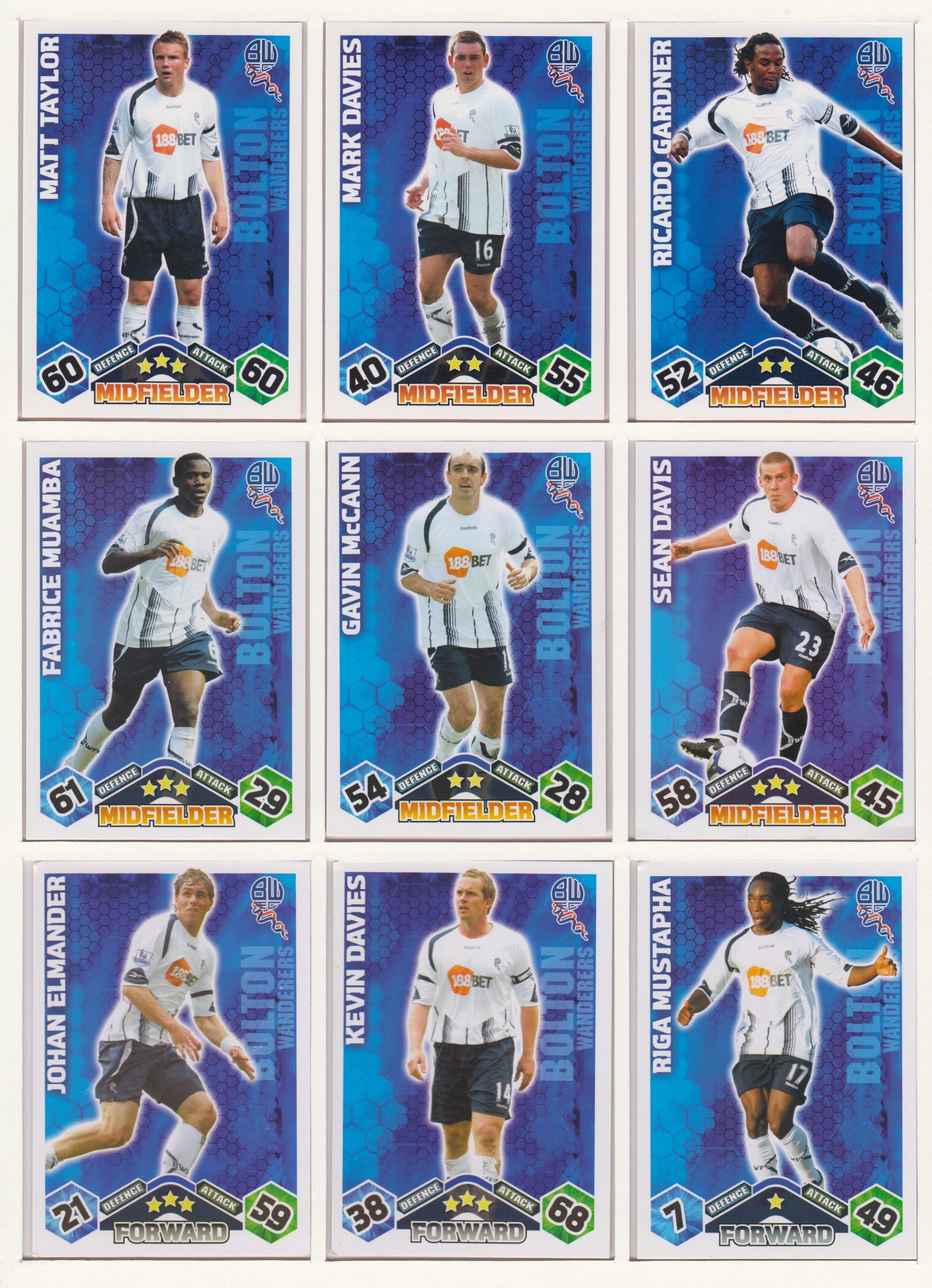 000. BOLTON WANDERERS - KOMPLETT SETT MED TOPPS MATCH ATTAX PREMIER LEAGUE 2009/10