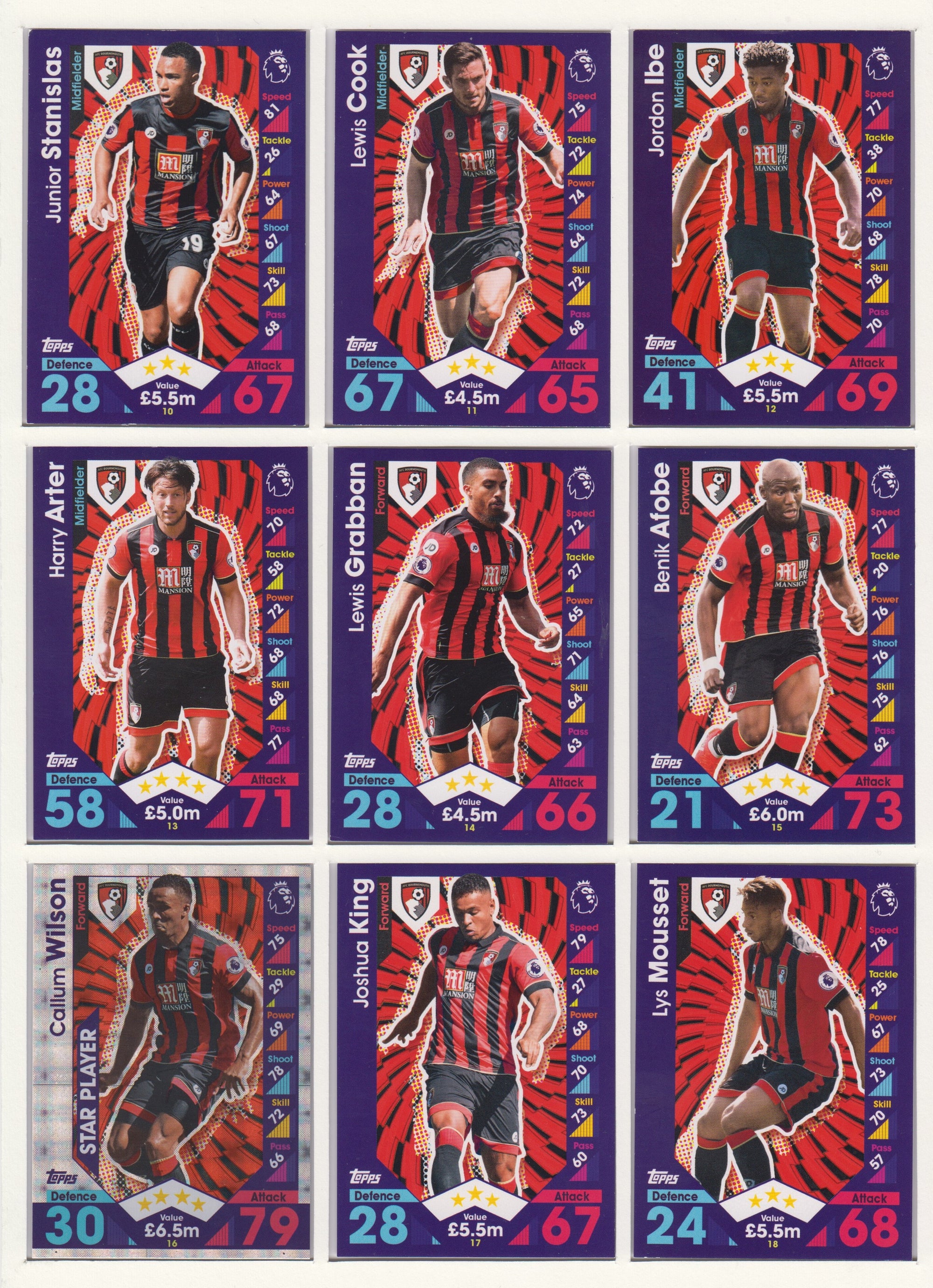 000. AFC BOURNEMOUTH - KOMPLETT SETT MED TOPPS MATCH ATTAX PREMIER LEAGUE 2016/17