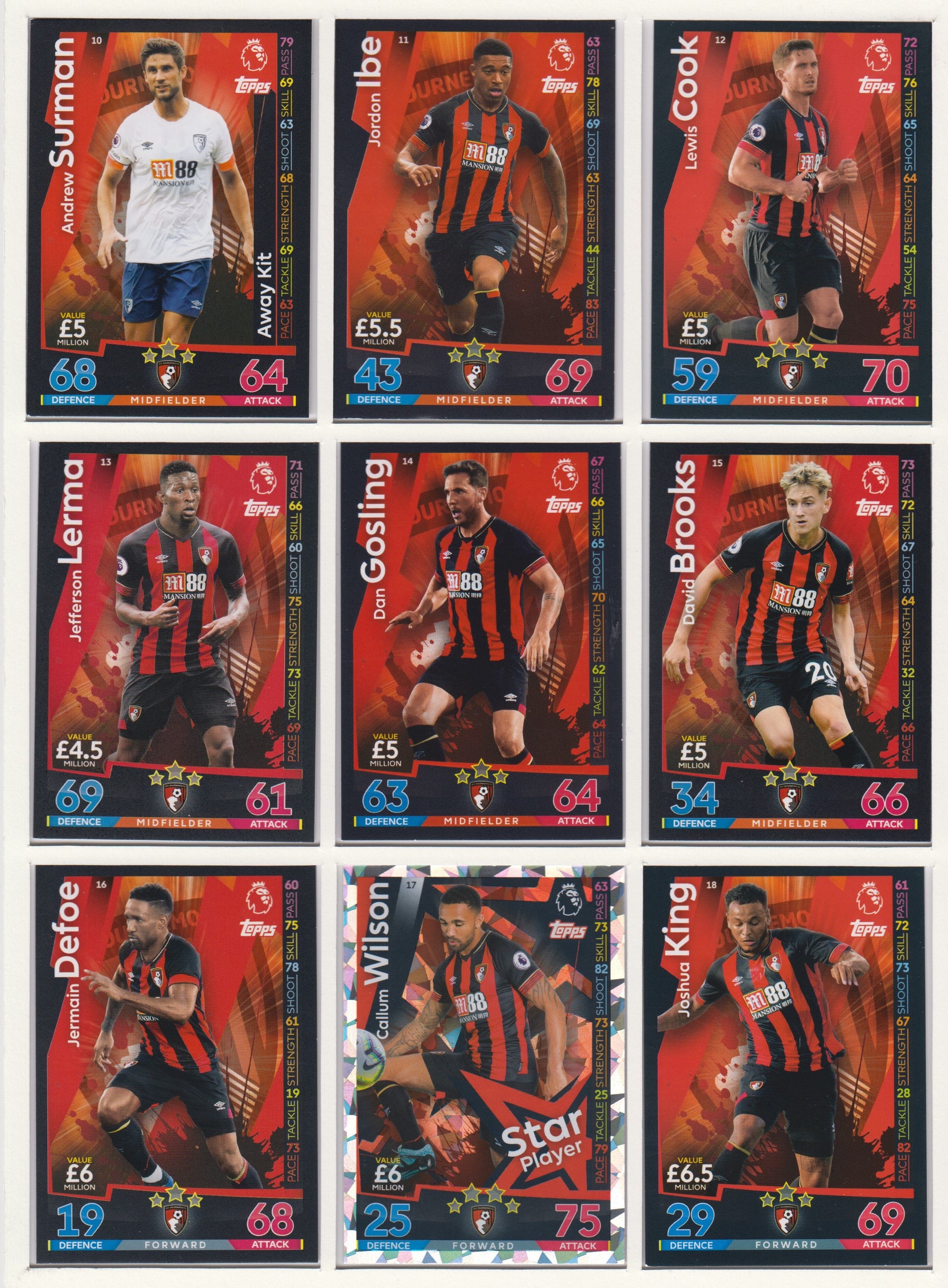 000. AFC BOURNEMOUTH - KOMPLETT SETT TOPPS MATCH ATTAX PREMIER LEAGUE 2018/19