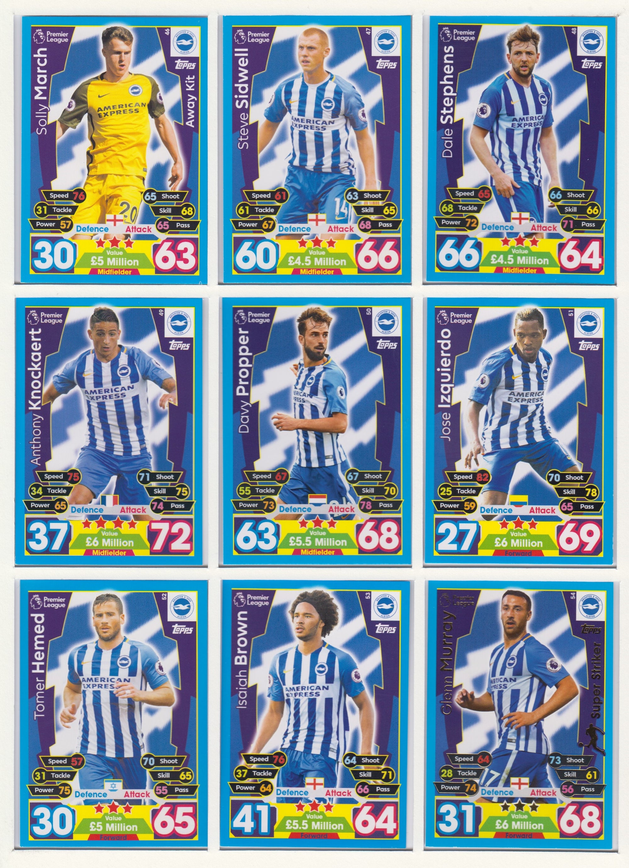 000. BRIGHTON & HOVE ALBION -  KOMPLETT SETT MED TOPPS MATCH ATTAX PREMIER LEAGUE 2017/18