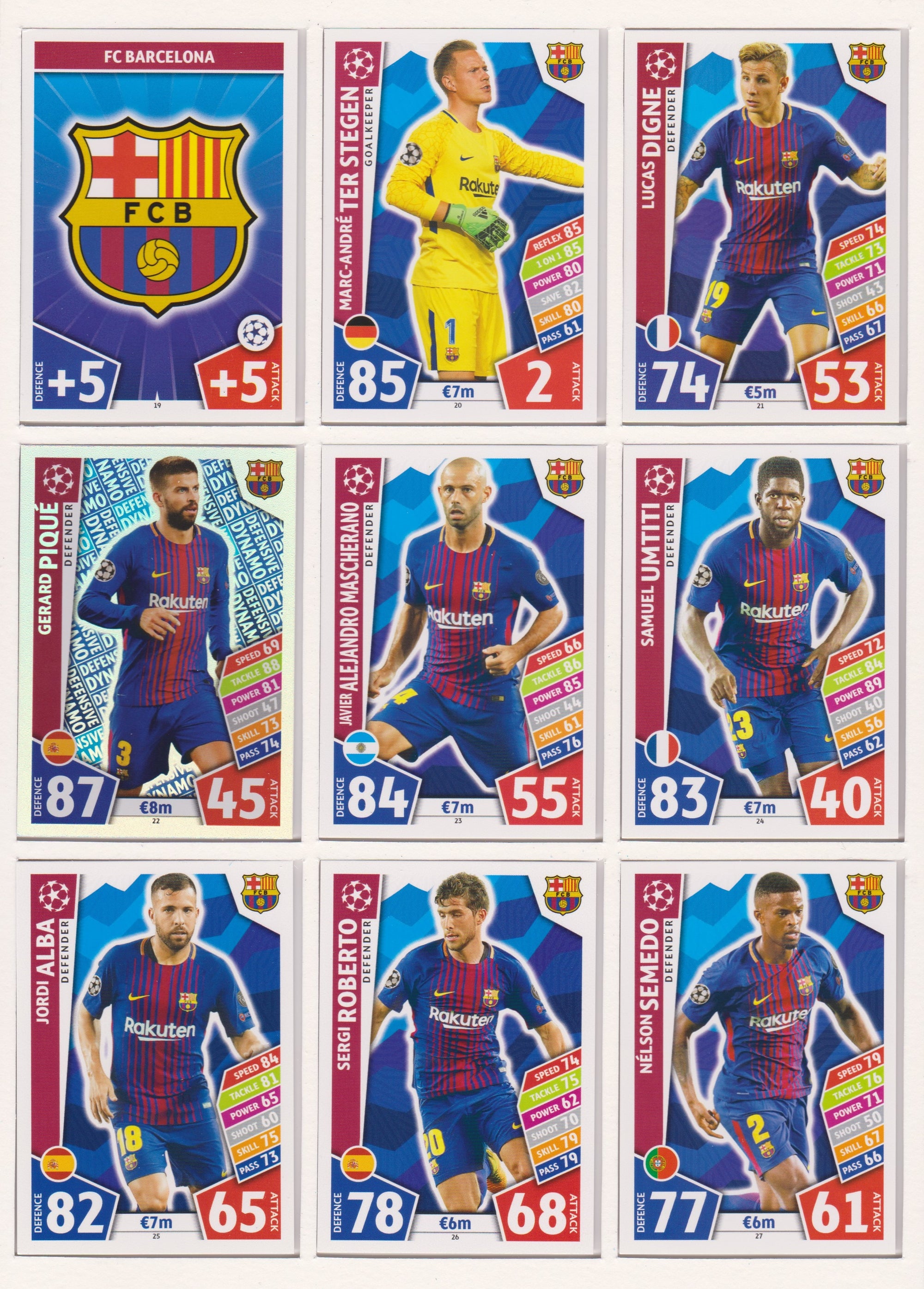 000. FC BARCELONA - KOMPLETT SETT MED TOPPS MATCH ATTAX CHAMPIONS LEAGUE 2017/18