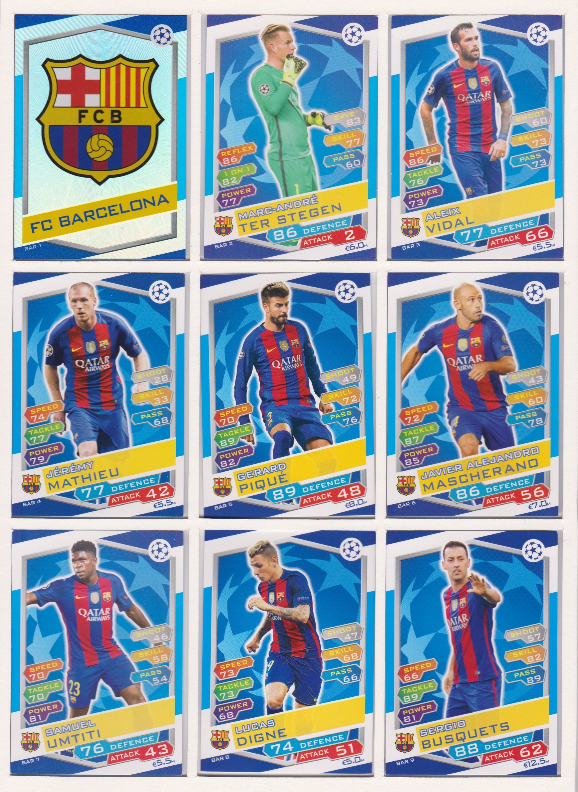 000. FC BARCELONA - KOMPLETT SETT MED TOPPS MATCH ATTAX CHAMPIONS LEAGUE 2016/17