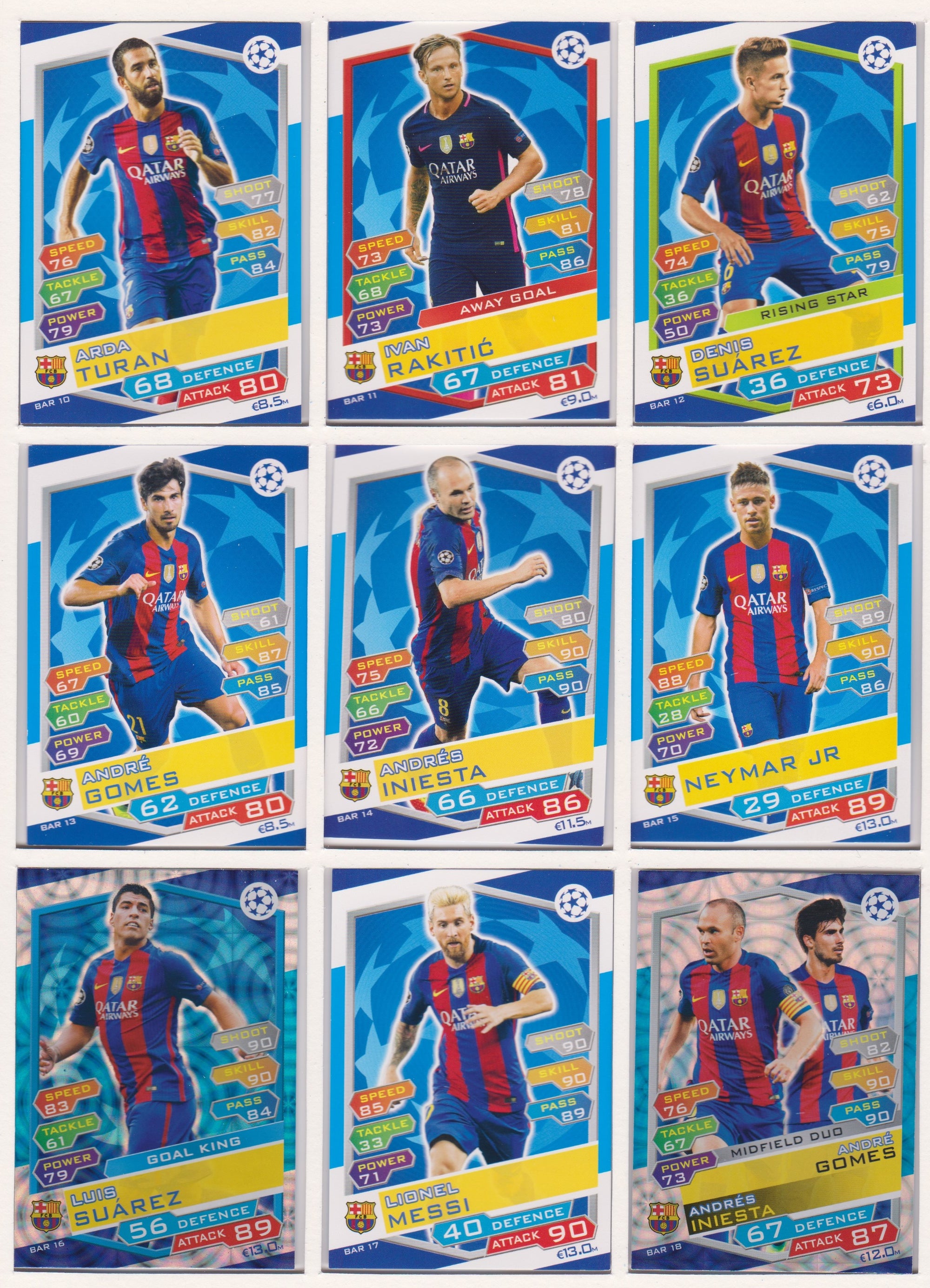 000. FC BARCELONA - KOMPLETT SETT MED TOPPS MATCH ATTAX CHAMPIONS LEAGUE 2016/17