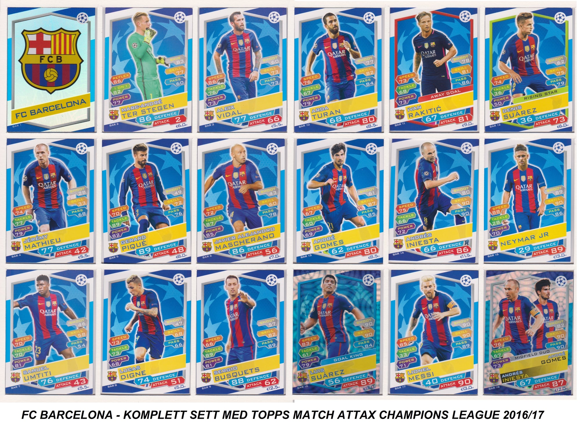 000. FC BARCELONA - KOMPLETT SETT MED TOPPS MATCH ATTAX CHAMPIONS LEAGUE 2016/17