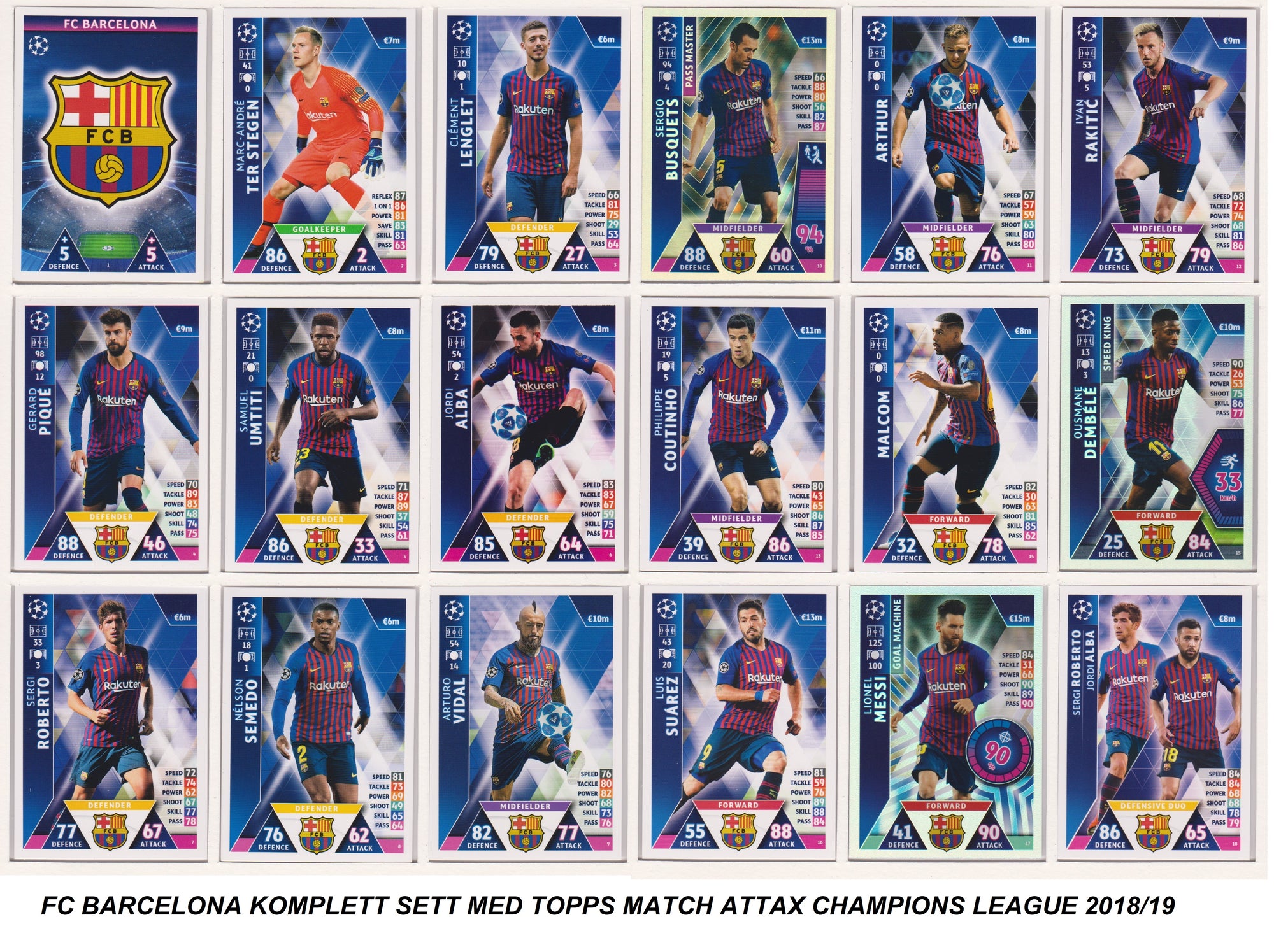 000. FC BARCELONA - KOMPLETT SETT MED TOPPS MATCH ATTAX CHAMPIONS LEAGUE 2018/19