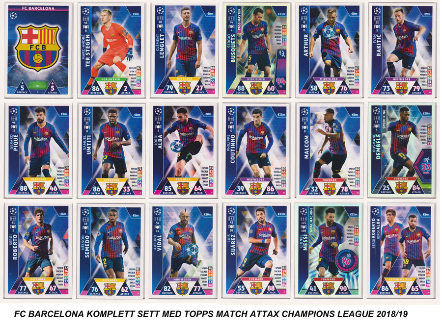 000. FC BARCELONA - KOMPLETT SETT MED TOPPS MATCH ATTAX CHAMPIONS LEAGUE 2018/19