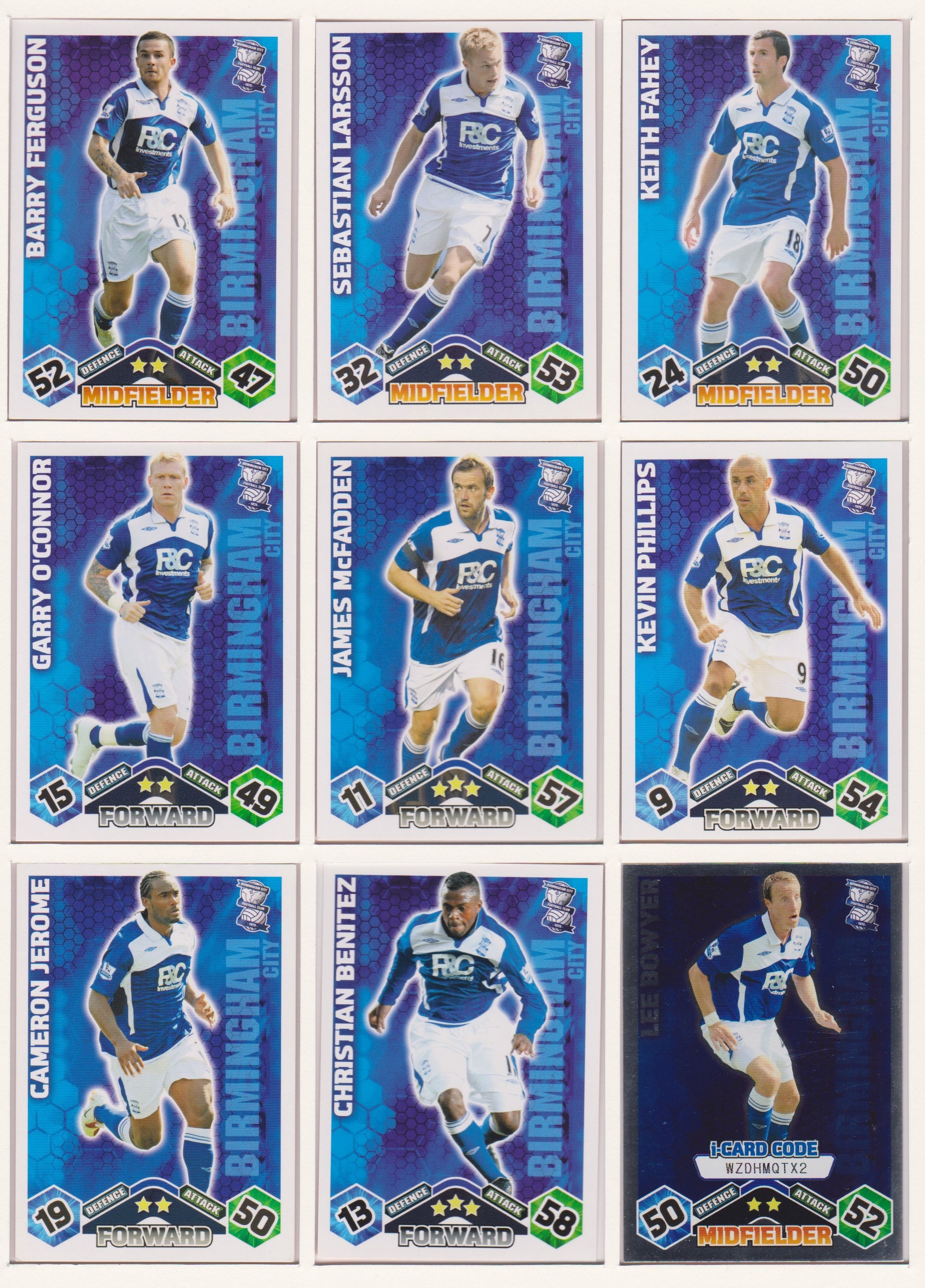 000. BIRMINGHAM CITY - KOMPLETT SETT MED TOPPS MATCH ATTAX PREMIER LEAGUE 2009/10
