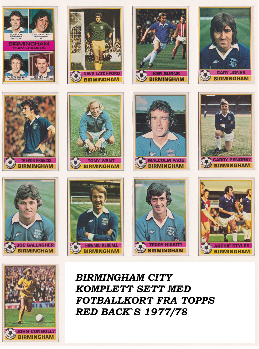 000. BIRMINGHAM CITY - KOMPLETT SETT MED FOTBALLKORT FRA TOPPS 1977/78