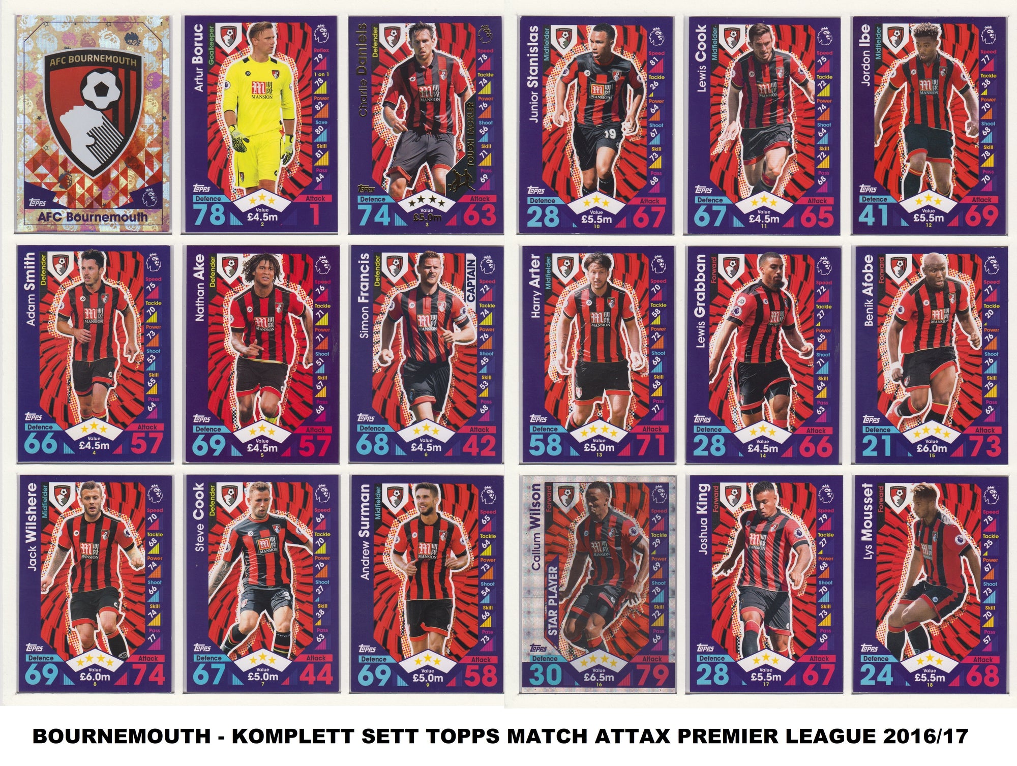 000. AFC BOURNEMOUTH - KOMPLETT SETT MED TOPPS MATCH ATTAX PREMIER LEAGUE 2016/17