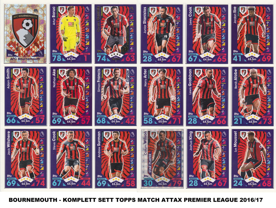 000. AFC BOURNEMOUTH - KOMPLETT SETT MED TOPPS MATCH ATTAX PREMIER LEAGUE 2016/17