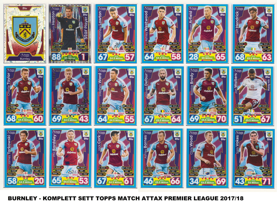 000. BURNLEY - KOMPLETT SETT MED TOPPS MATCH ATTAX PREMIER LEAGUE 2017/18
