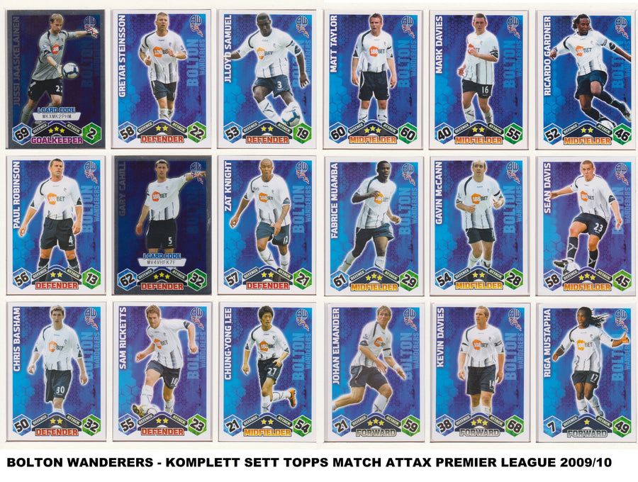 000. BOLTON WANDERERS - KOMPLETT SETT MED TOPPS MATCH ATTAX PREMIER LEAGUE 2009/10