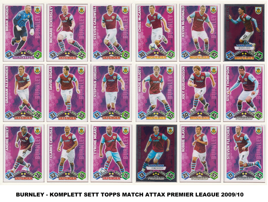 000. BURNLEY - KOMPLETT SETT MED TOPPS MATCH ATTAX PREMIER LEAGUE 2009/10