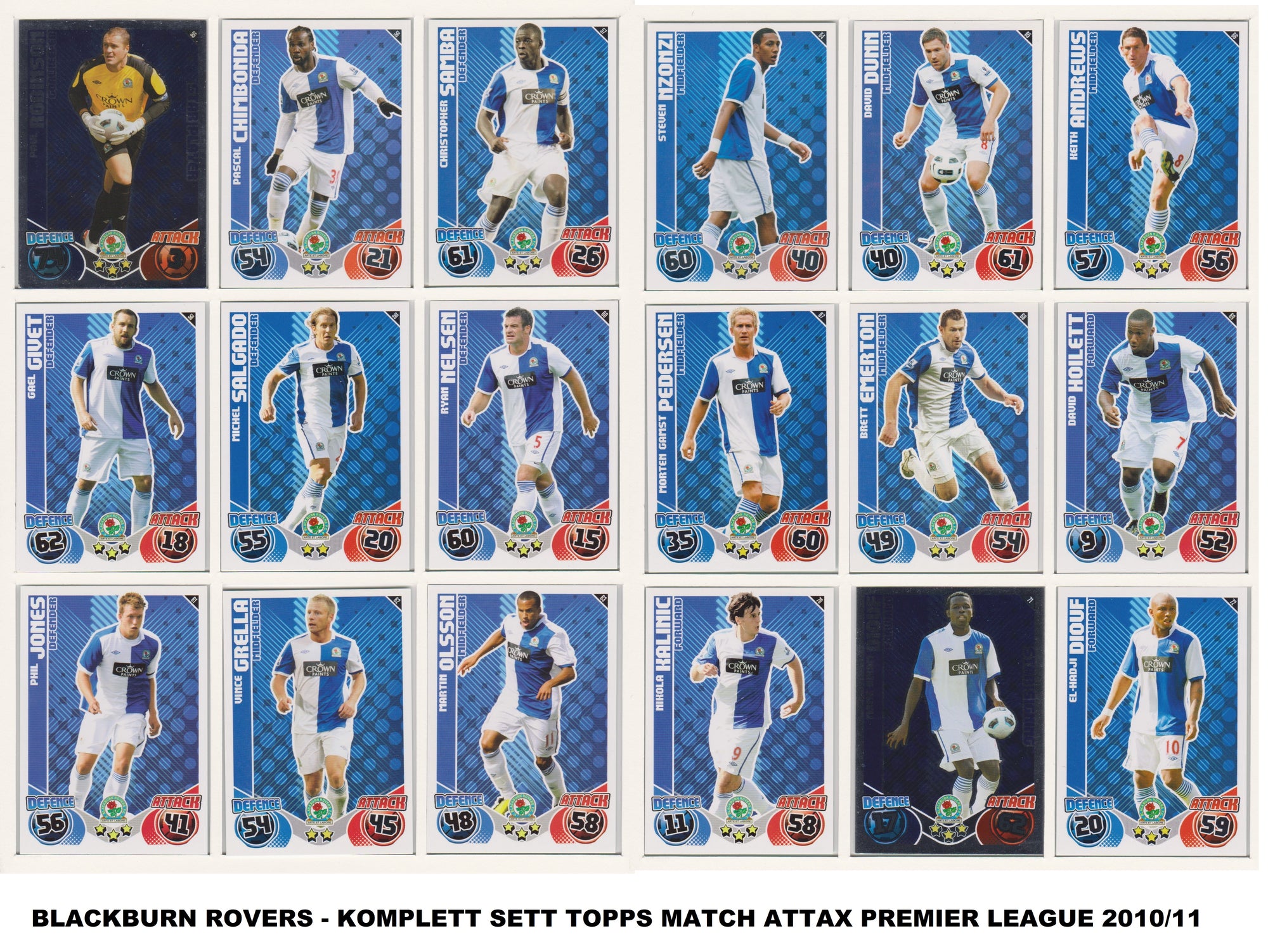 000. BLACKBURN ROVERS - KOMPLETT SETT MED TOPPS MATCH ATTAX PREMIER LEAGUE 2010/11