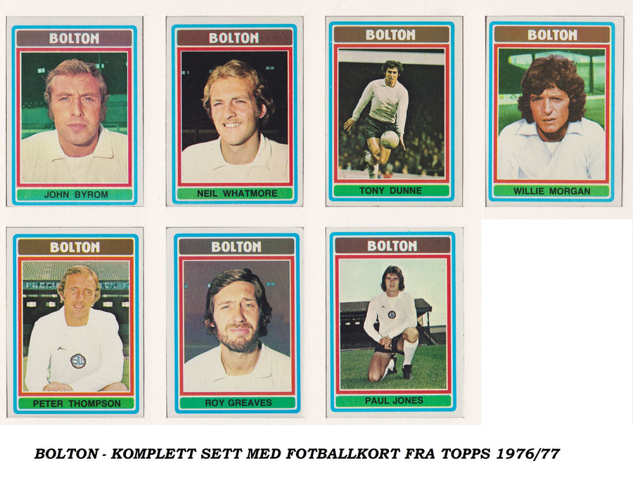 000. BOLTON - KOMPLETT SETT MED FOTBALLKORT FRA TOPPS 1976/77