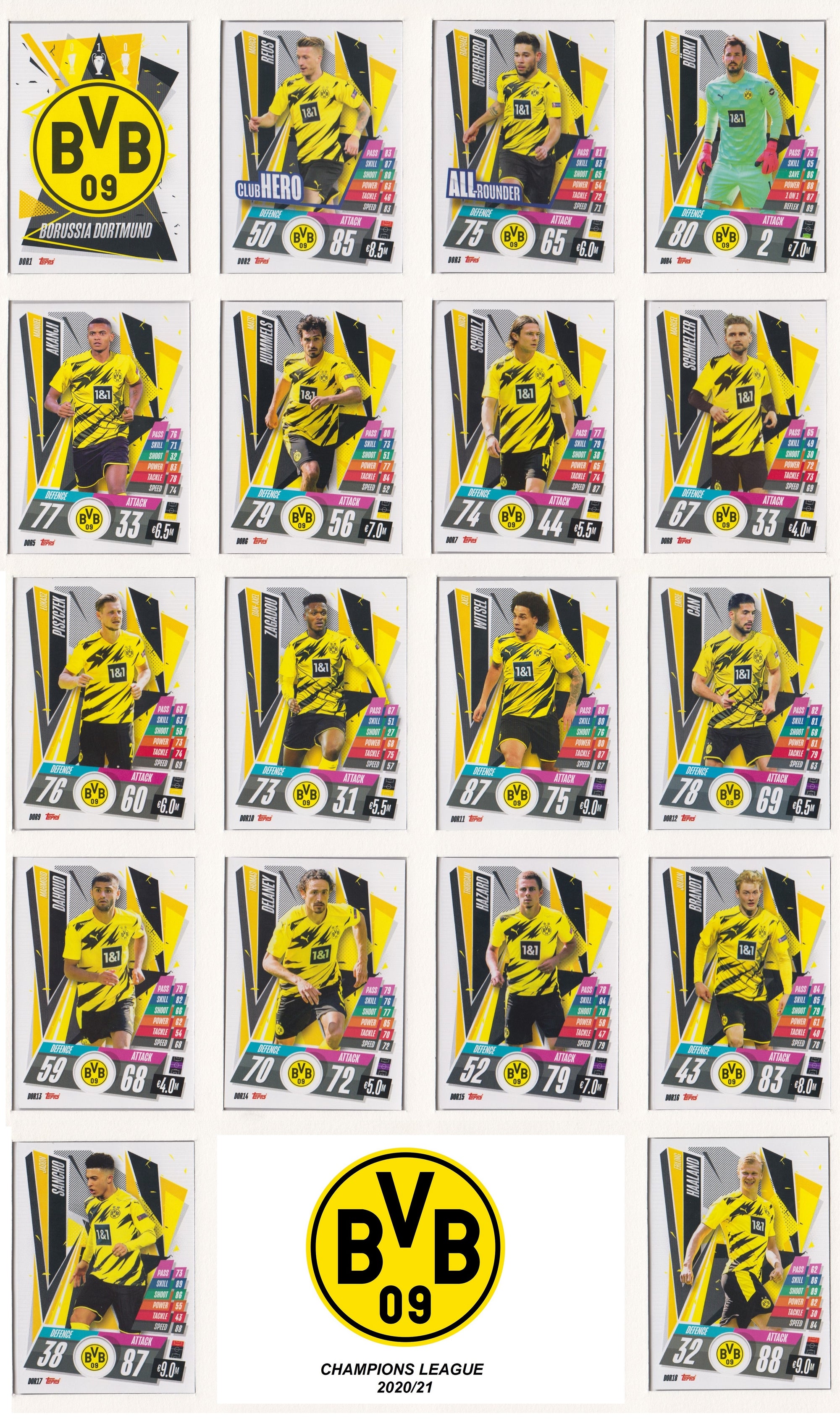 BORUSSIA DORTMUND KOMPLETT SETT MED TOPPS CHAMPIONS LEAGUE 2020/21