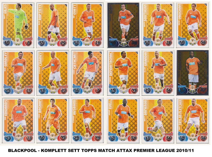 000. BLACKPOOL - KOMPLETT SETT MED TOPPS MATCH ATTAX PREMIER LEAGUE 2010/11