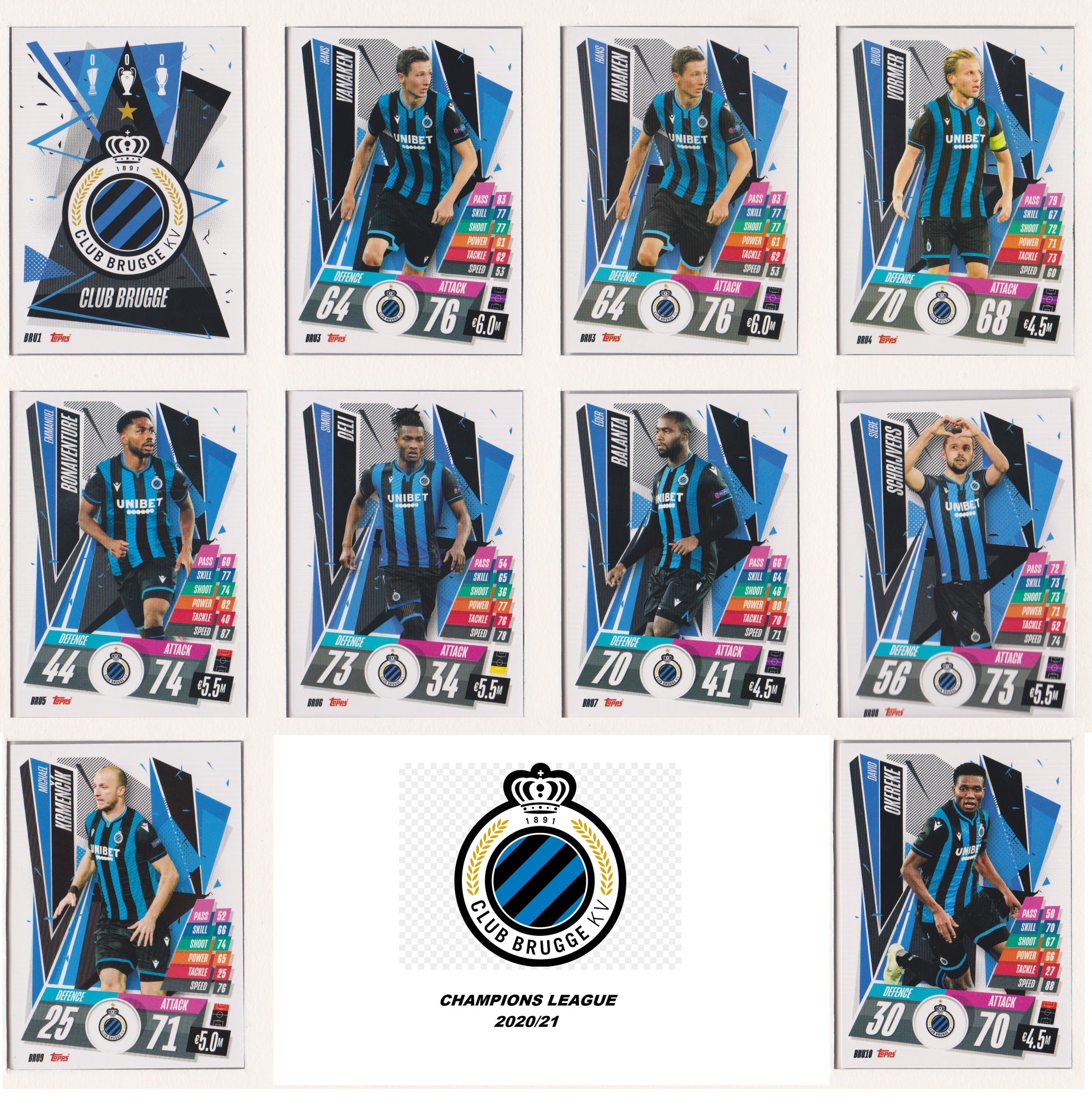 000. CLUB BRUGGE KOMPLETT SETT MED TOPPS CHAMPIONS LEAGUE 2020/21