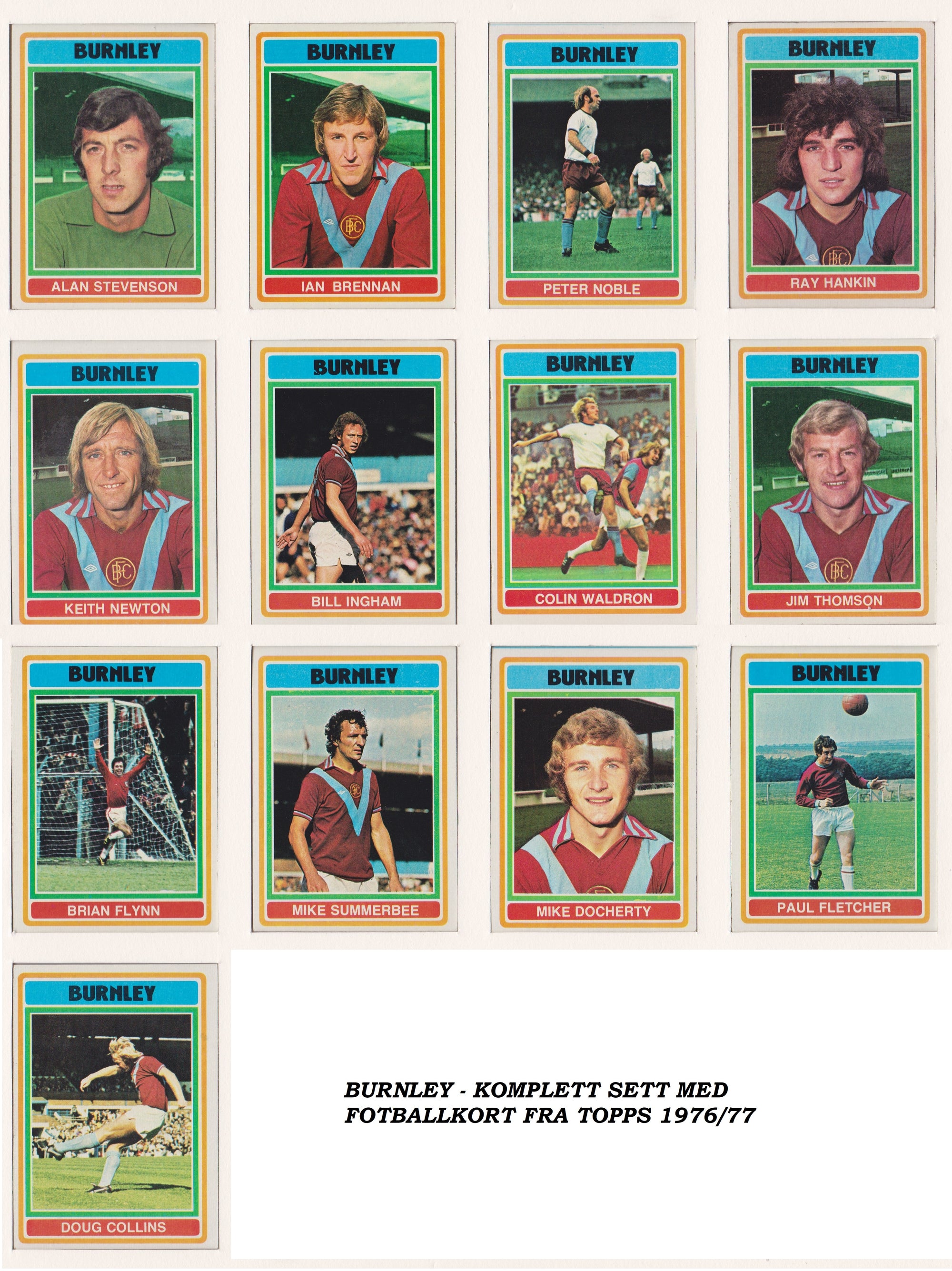 000. BURNLEY - KOMPLETT SETT MED FOTBALLKORT FRA TOPPS 1976/77
