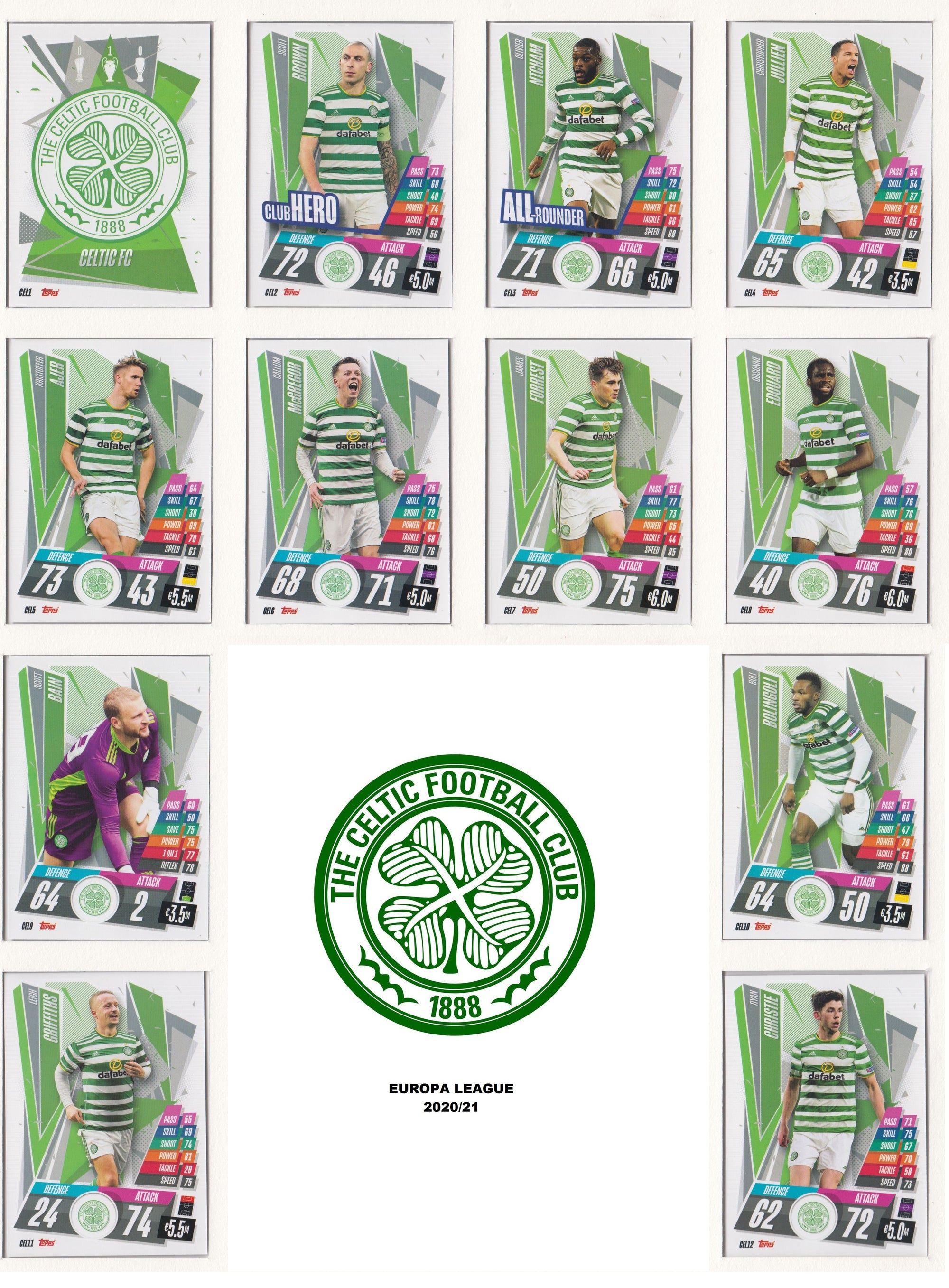 CELTIC FC KOMPLETT SETT MED TOPPS EUROPA LEAGUE 2020/21