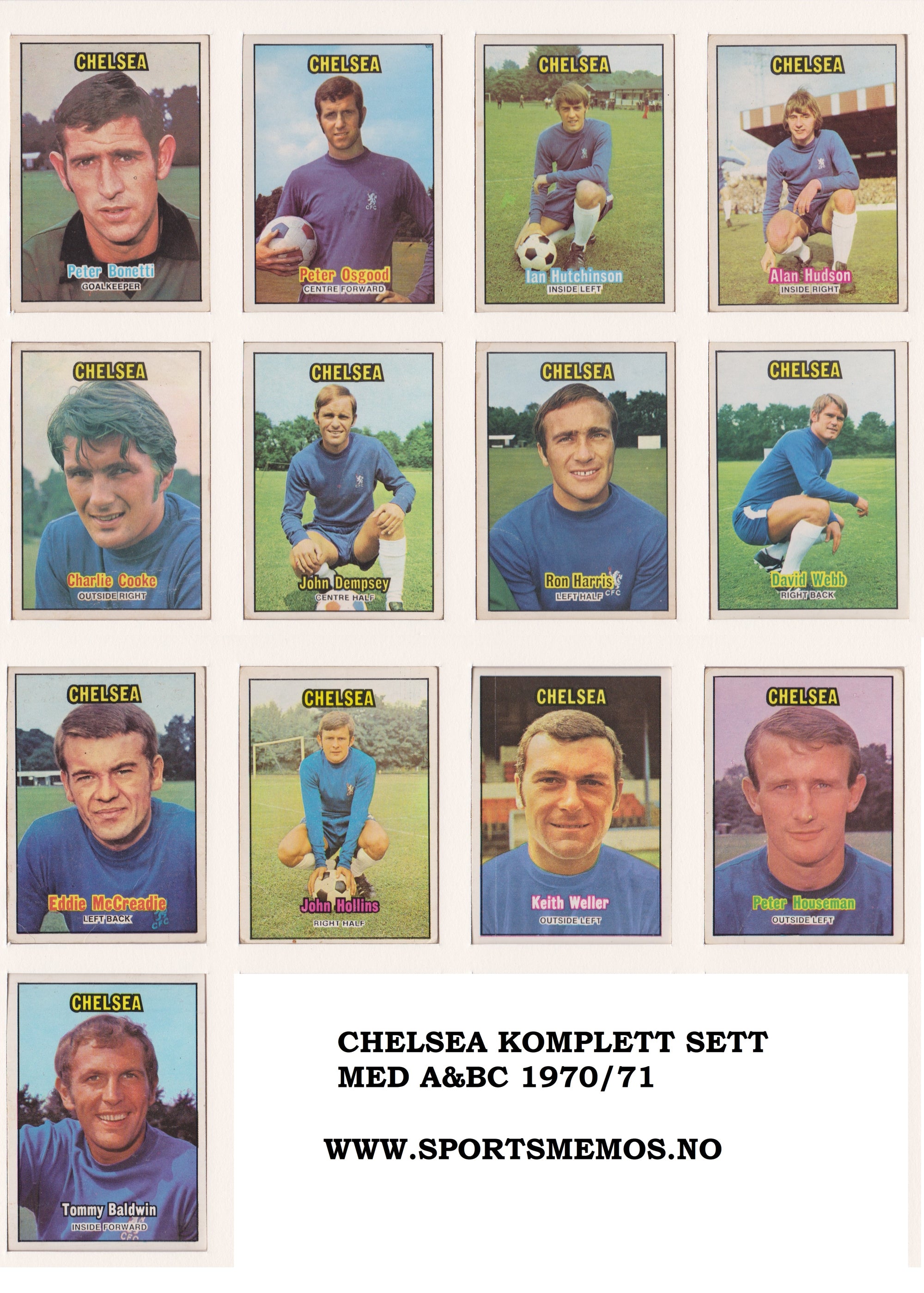 000. CHELSEA - KOMPLETT SETT MED FOTBALLKORT FRA A&BC 1970/71