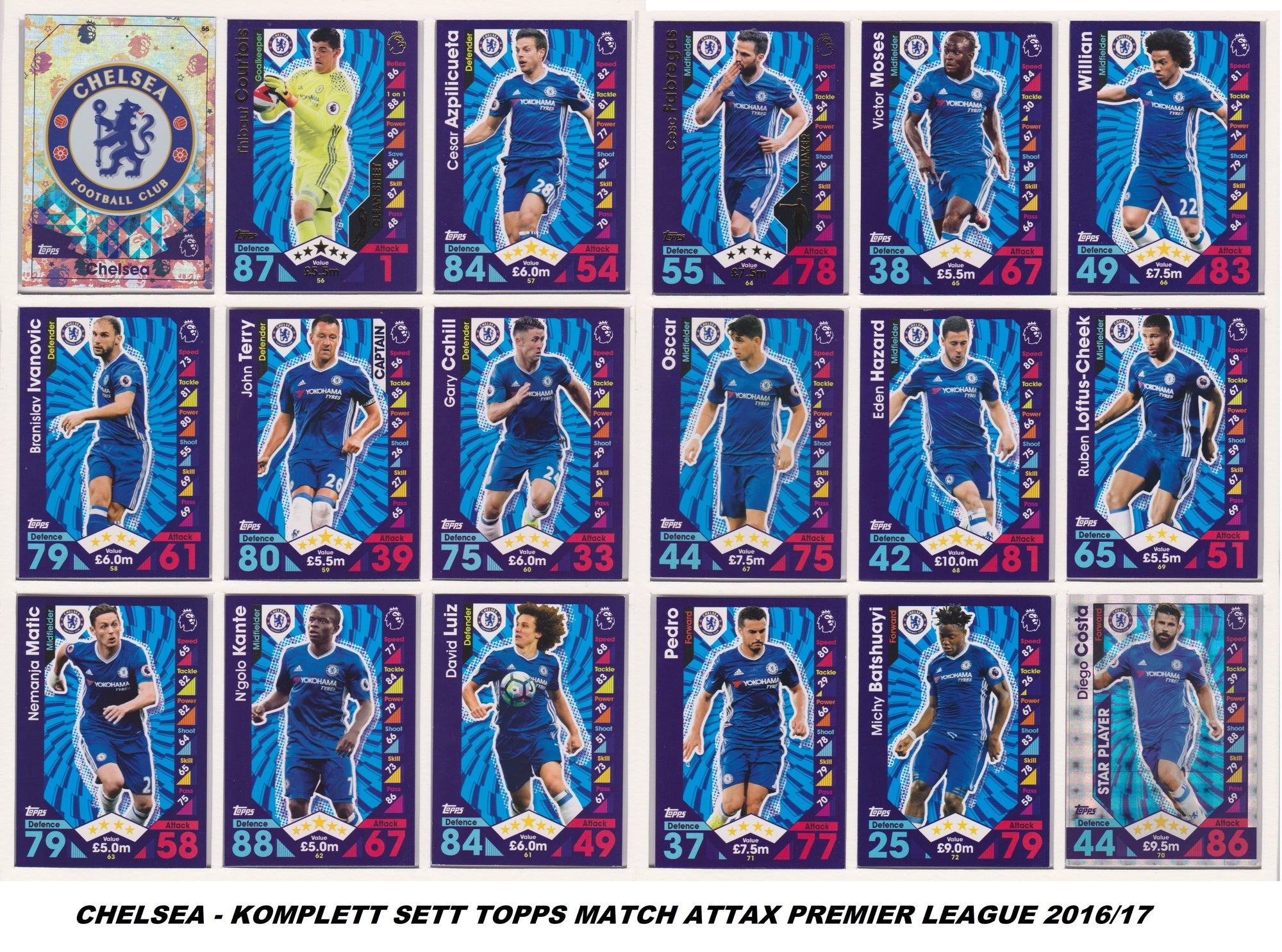 000. CHELSEA - KOMPLETT SETT MED TOPPS MATCH ATTAX PREMIER LEAGUE 2016/17