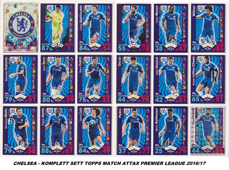000. CHELSEA - KOMPLETT SETT MED TOPPS MATCH ATTAX PREMIER LEAGUE 2016/17
