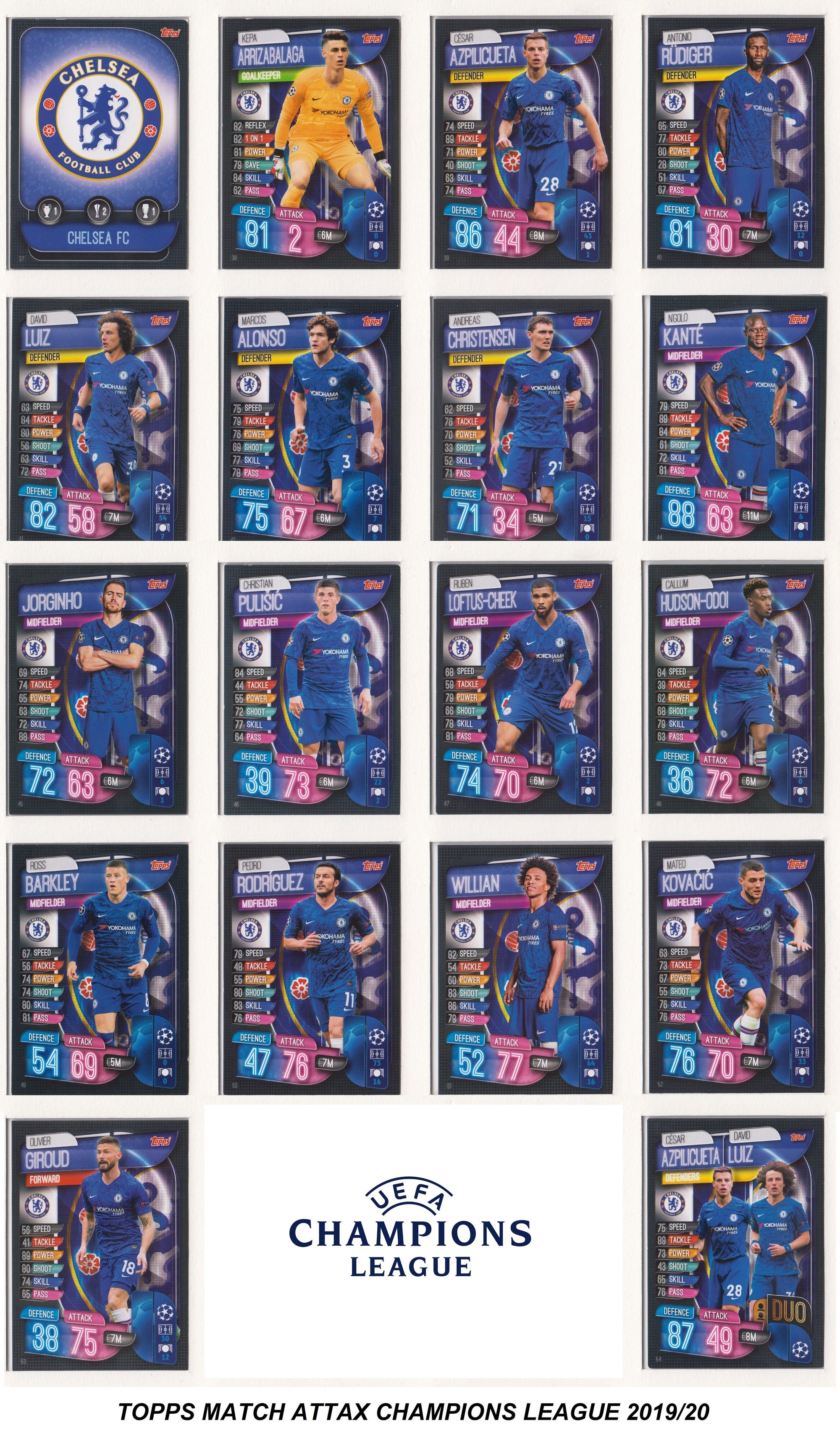 CHELSEA - KOMPLETT SETT MED TOPPS MATCH ATTAX CHAMPIONS LEAGUE 2019/20