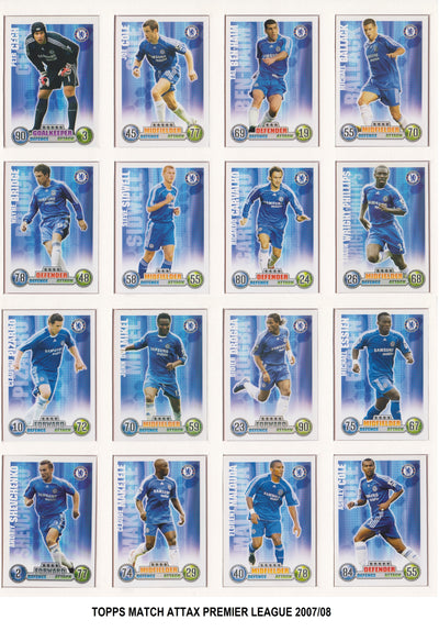 000. CHELSEA - KOMPLETT SETT MED FOTBALLKORT TOPPS MATCH ATTAX PREMIER LEAGUE 2007/08