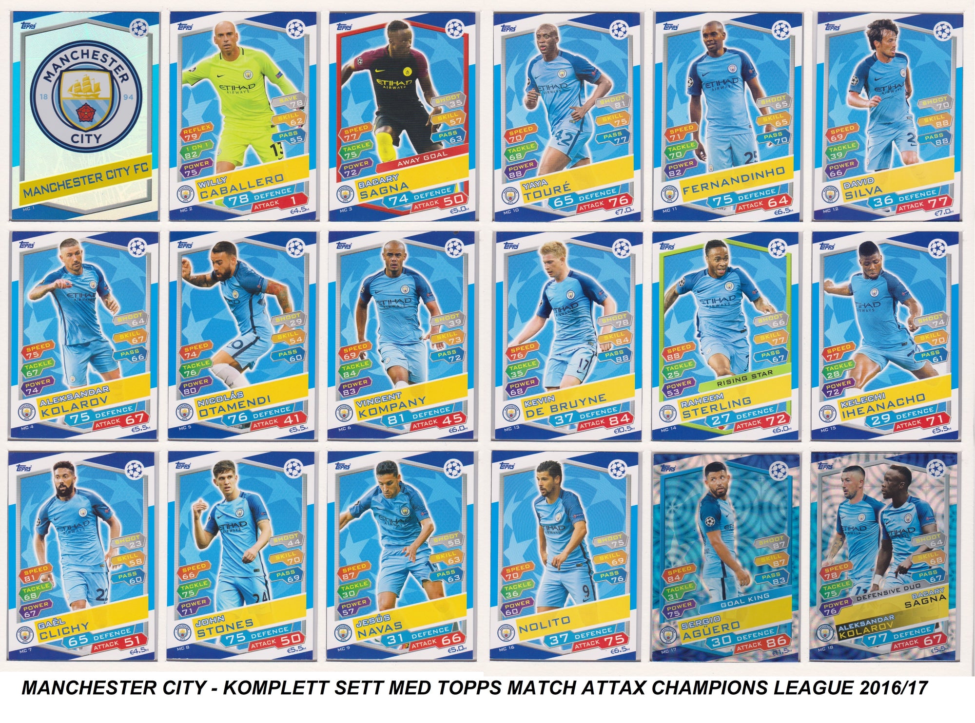 000. MANCHESTER CITY - KOMPLETT SETT MED TOPPS MATCH ATTAX CHAMPIONS LEAGUE 2016/17