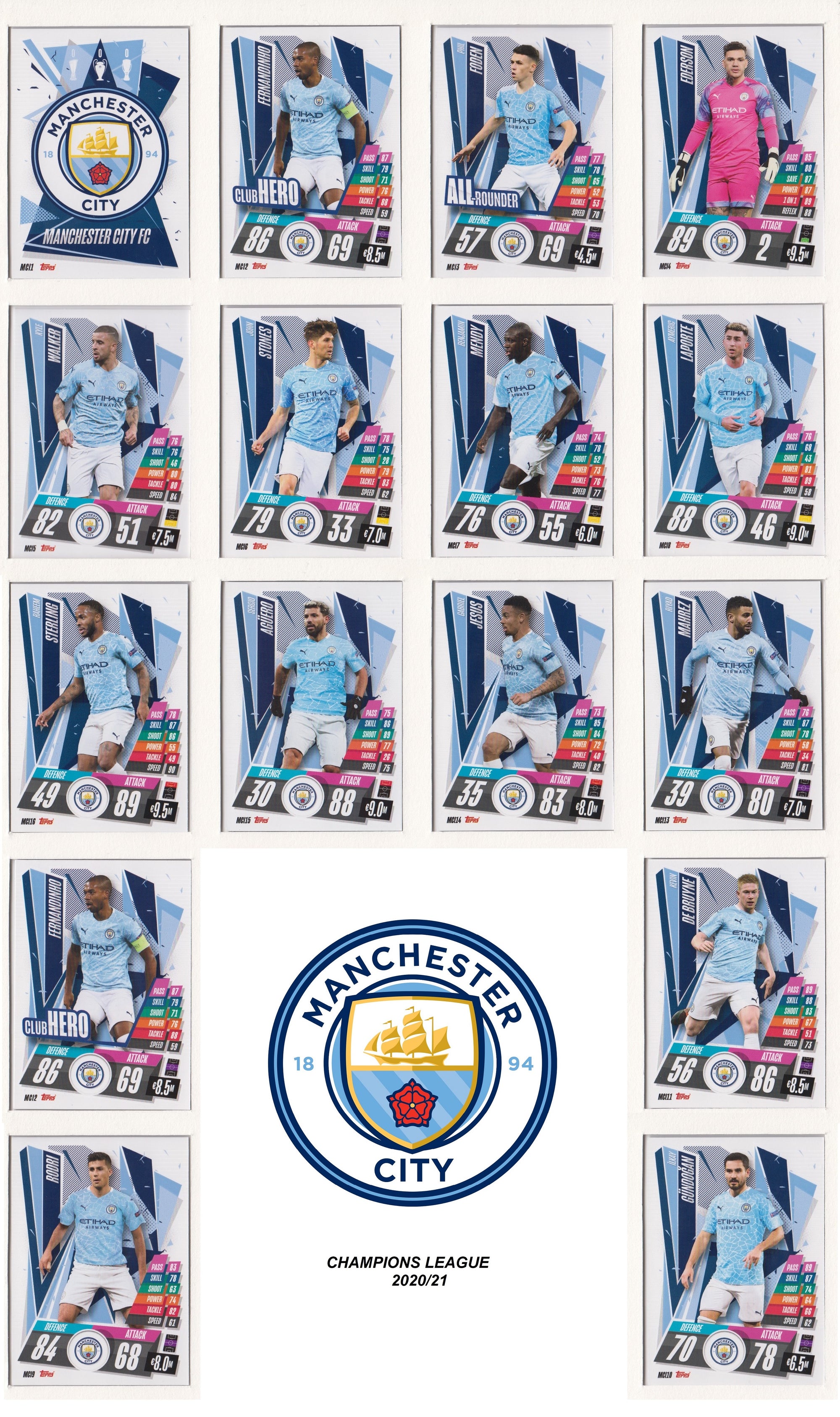 MANCHESTER CITY KOMPLETT SETT MED TOPPS CHAMPIONS LEAGUE 2020/21