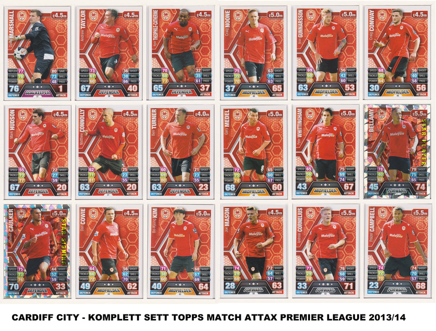 000. CARDIFF CITY - KOMPLETT SETT MED TOPPS MATCH ATTAX PREMIER LEAGUE 2013/14