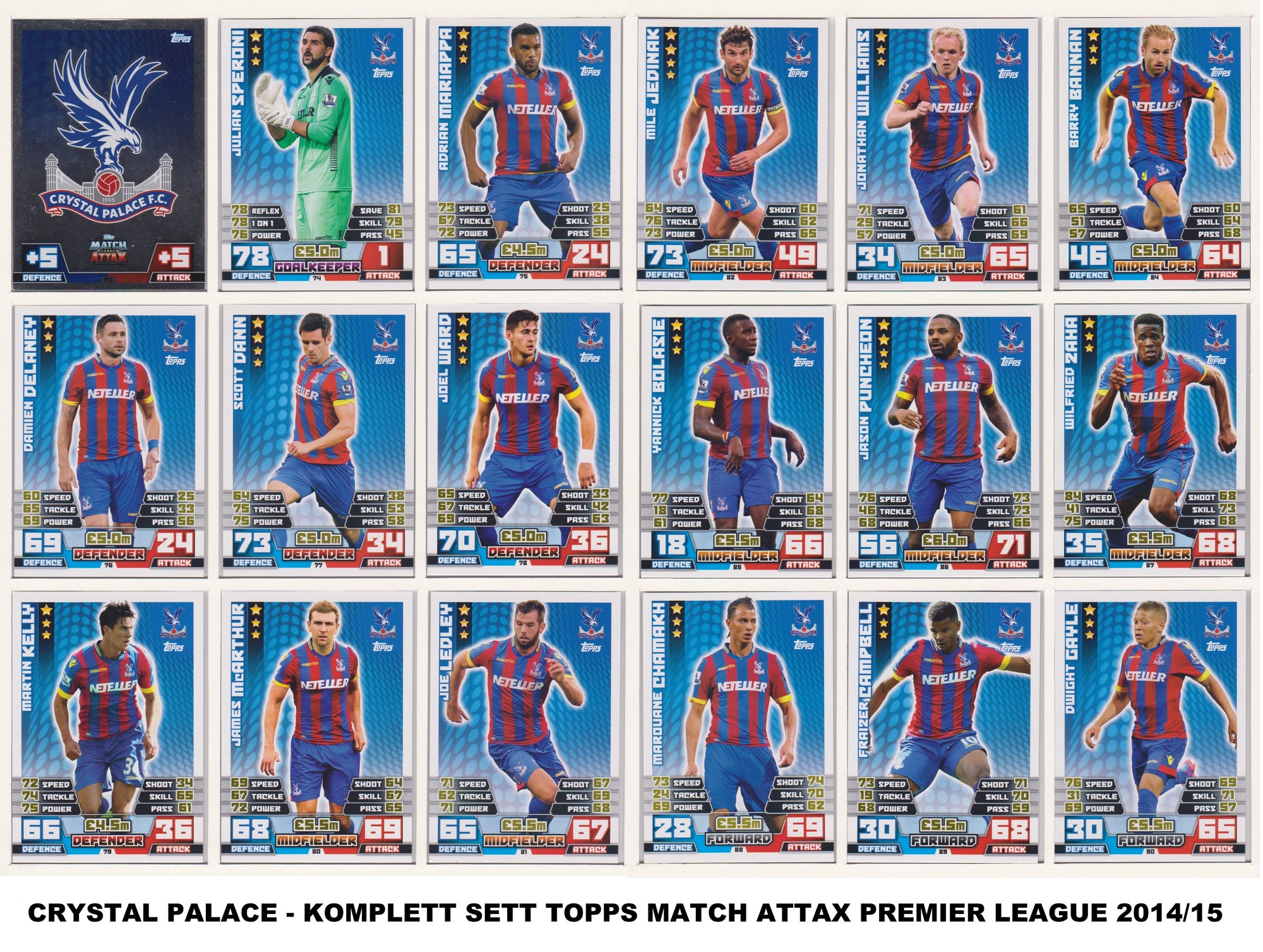 000. CRYSTAL PALACE - KOMPLETT SETT MED TOPPS MATCH ATTAX PREMIER LEAGUE 2014/15