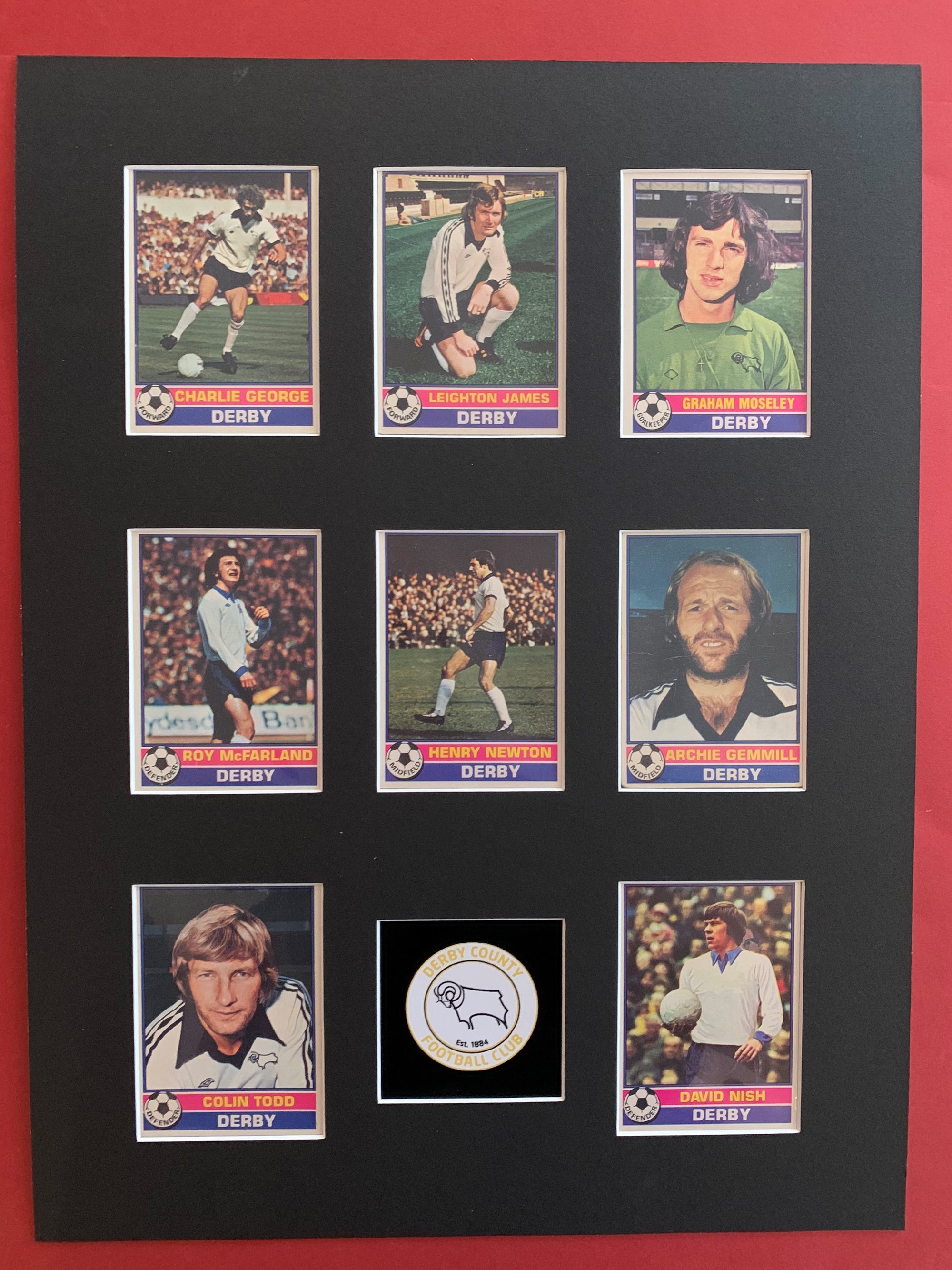 DERBY COUNTY - FOTBALLKORTMONTASJE MED 8 KORT FRA TOPPS 1977/78