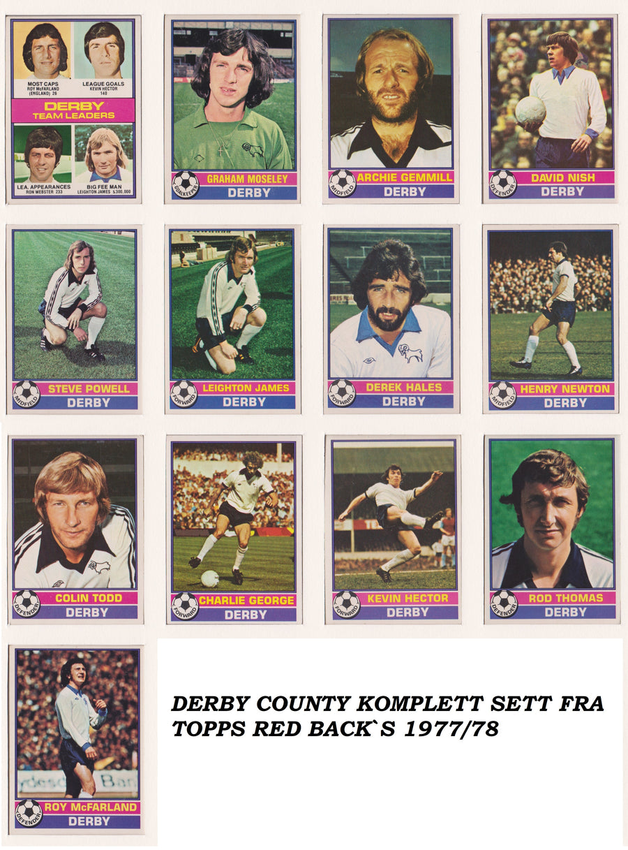 000. DERBY COUNTY - KOMPLETT SETT MED FOTBALLKORT FRA TOPPS 1977/78