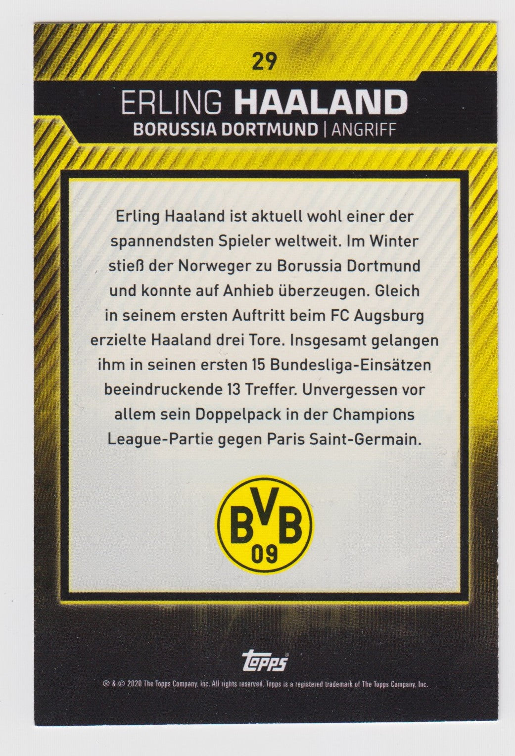 029. ERLING HAALAND - BORUSSIA DORTMUND - TOPPS REPRINT AUTO CARD