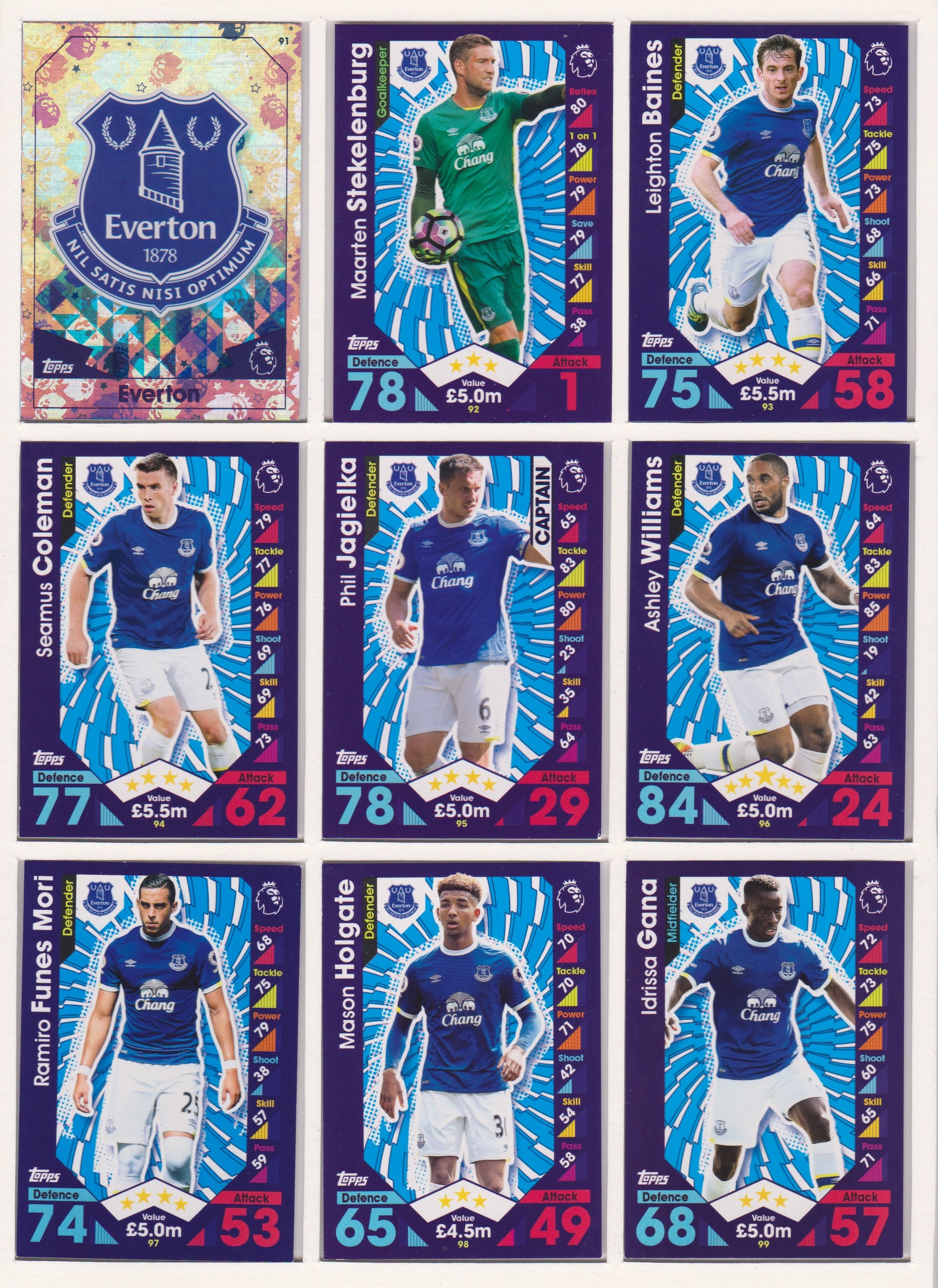 000. EVERTON - KOMPLETT SETT MED TOPPS MATCH ATTAX PREMIER LEAGUE 2016/17