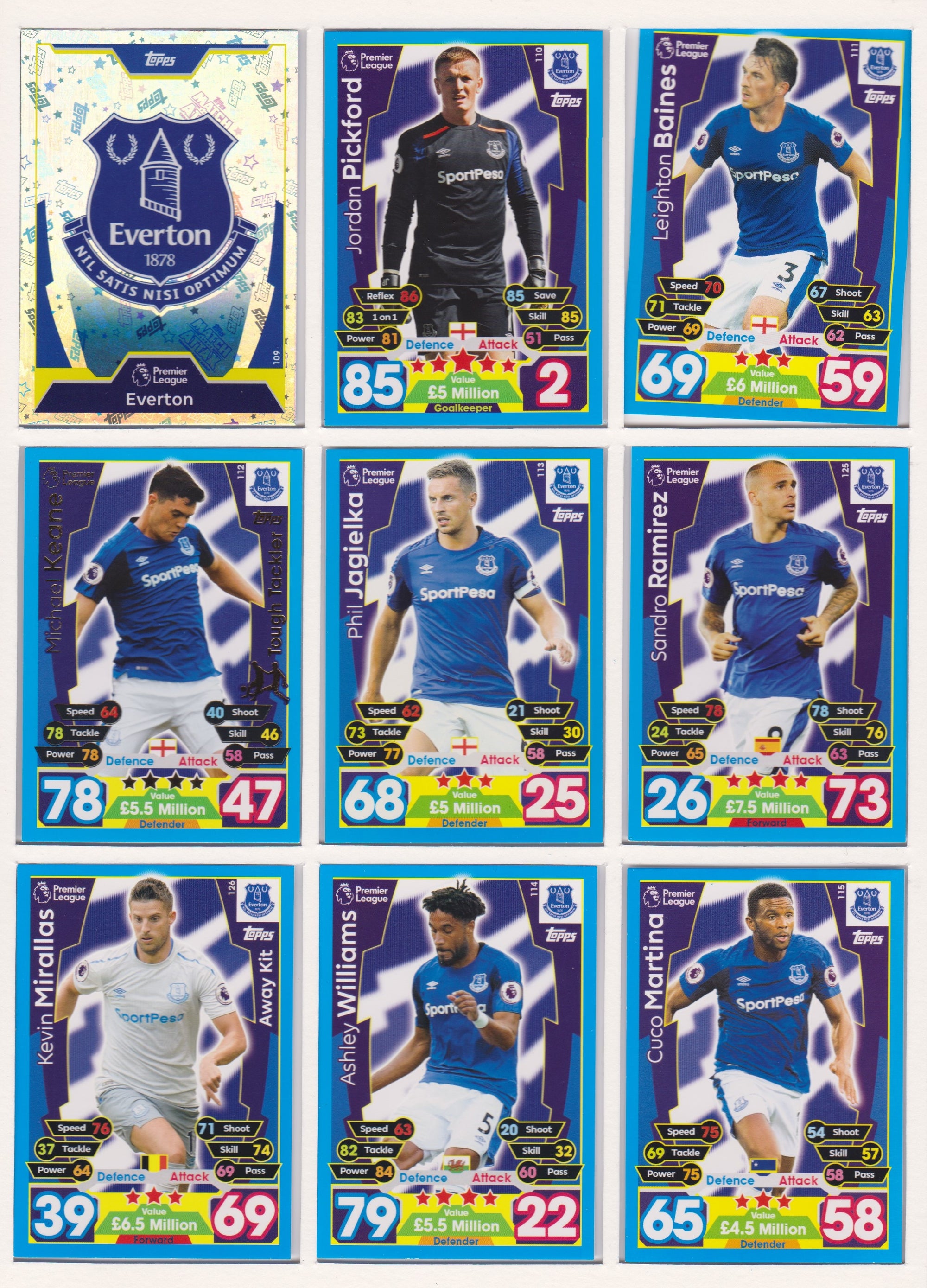 000. EVERTON - KOMPLETT SETT MED TOPPS MATCH ATTAX PREMIER LEAGUE 2017/18