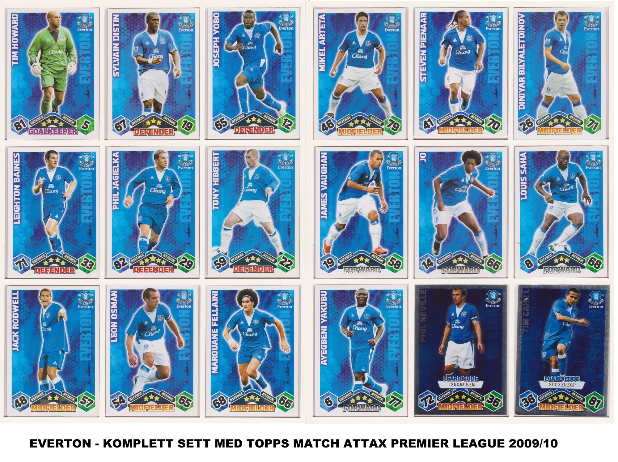 000. EVERTON - KOMPLETT SETT MED TOPPS MATCH ATTAX PREMIER LEAGUE 2009/10