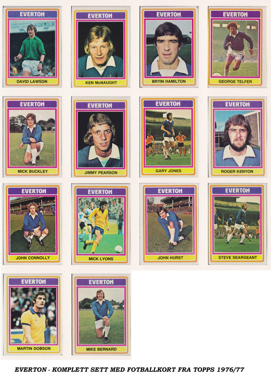 000. EVERTON - KOMPLETT SETT MED FOTBALLKORT FRA TOPPS 1976/77