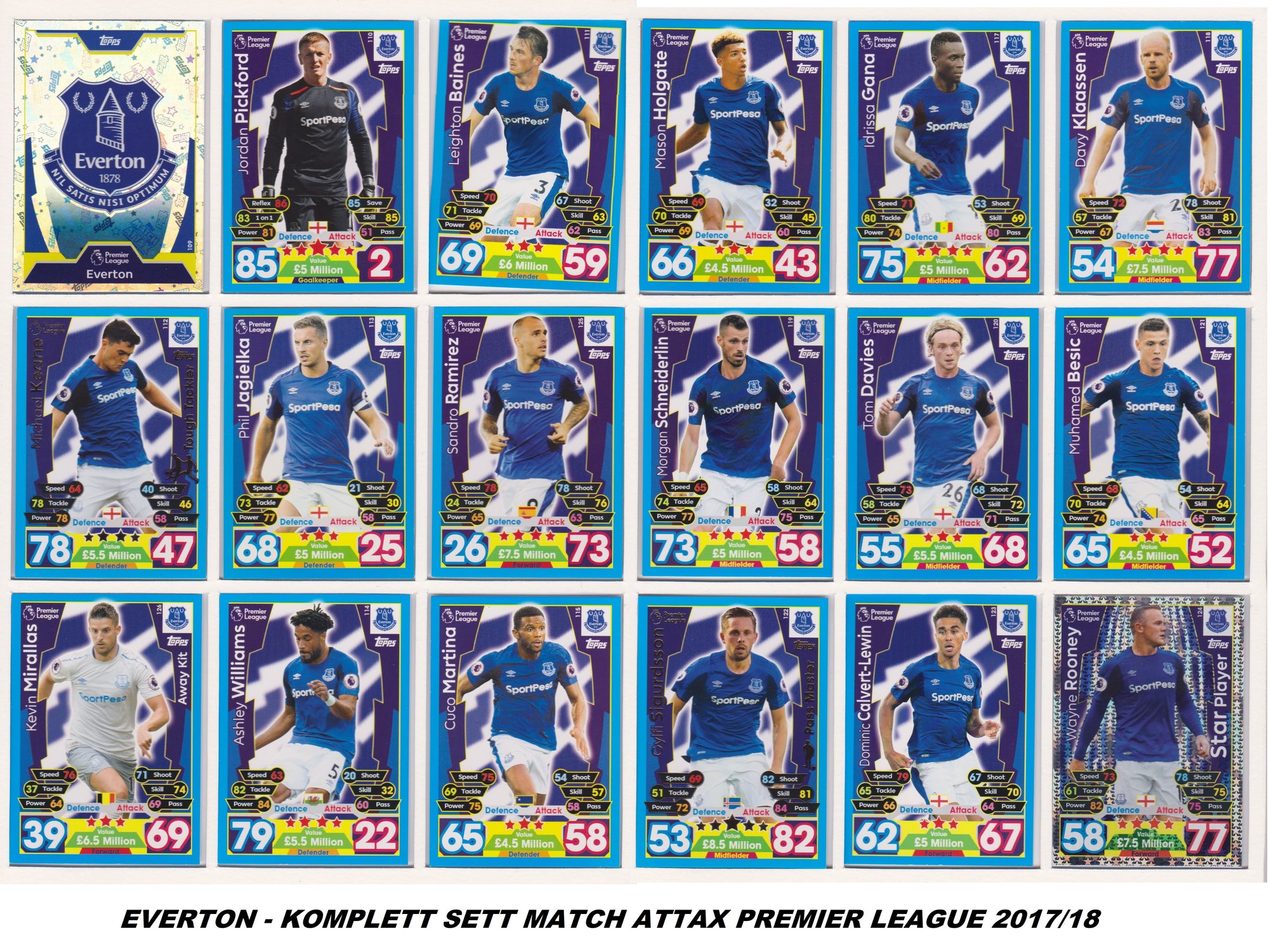 000. EVERTON - KOMPLETT SETT MED TOPPS MATCH ATTAX PREMIER LEAGUE 2017/18