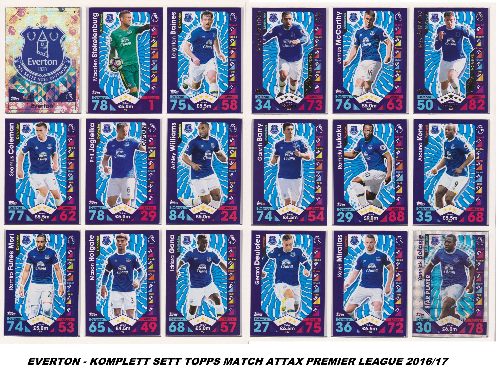 000. EVERTON - KOMPLETT SETT MED TOPPS MATCH ATTAX PREMIER LEAGUE 2016/17
