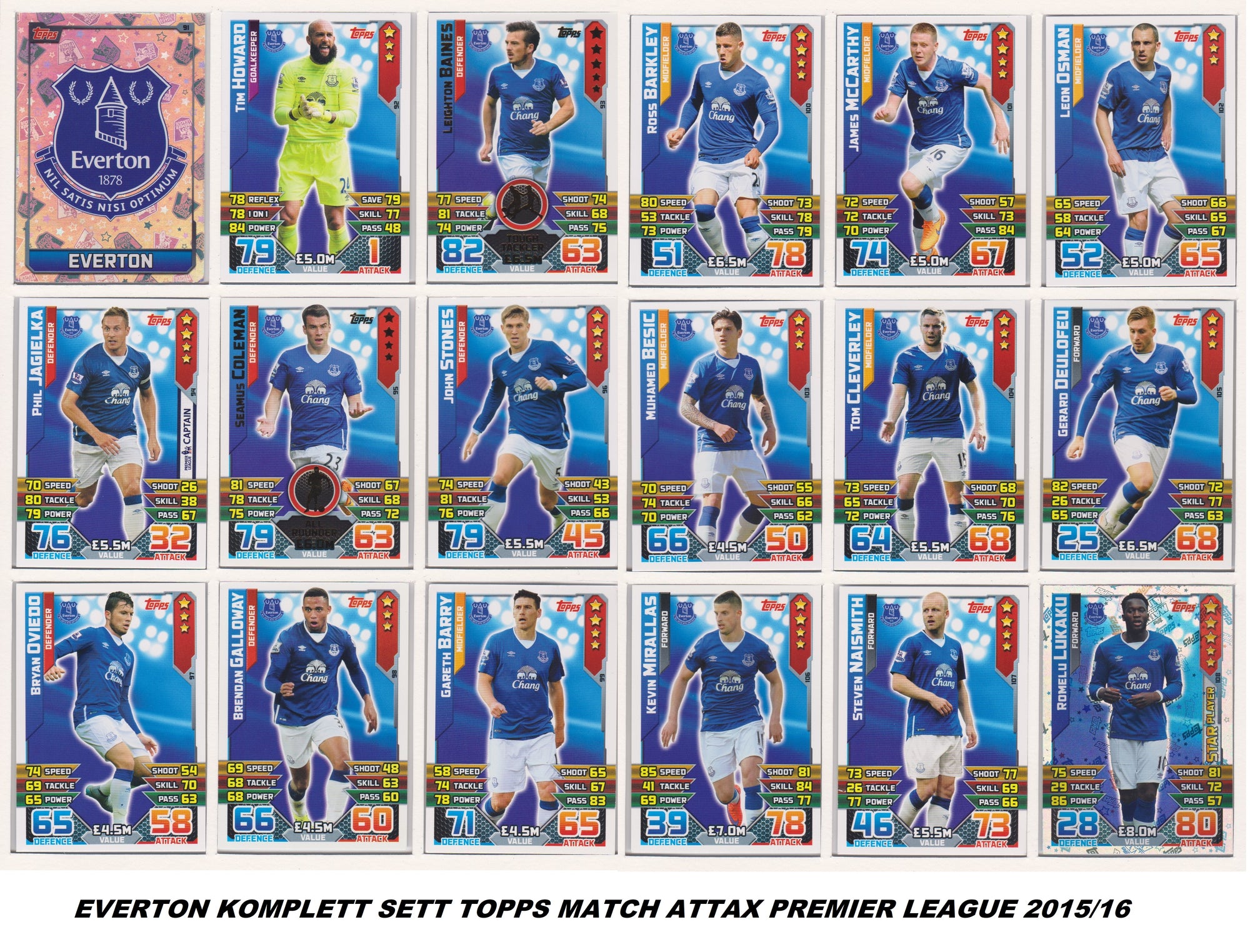 000. EVERTON - KOMPLETT SETT MED TOPPS MATCH ATTAX PREMIER LEAGUE 2015/16