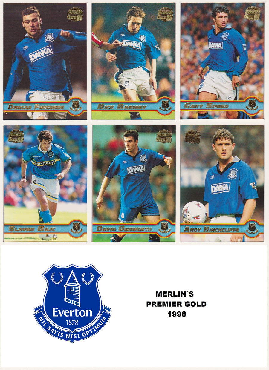 000. EVERTON - KOMPLETT SETT MED MERLIN`S PREMIER GOLD 1998