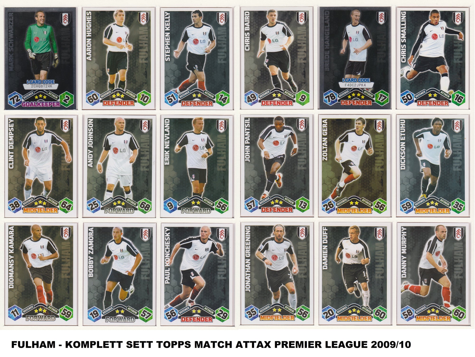 000. FULHAM - KOMPLETT SETT MED TOPPS MATCH ATTAX PREMIER LEAGUE 2009/10