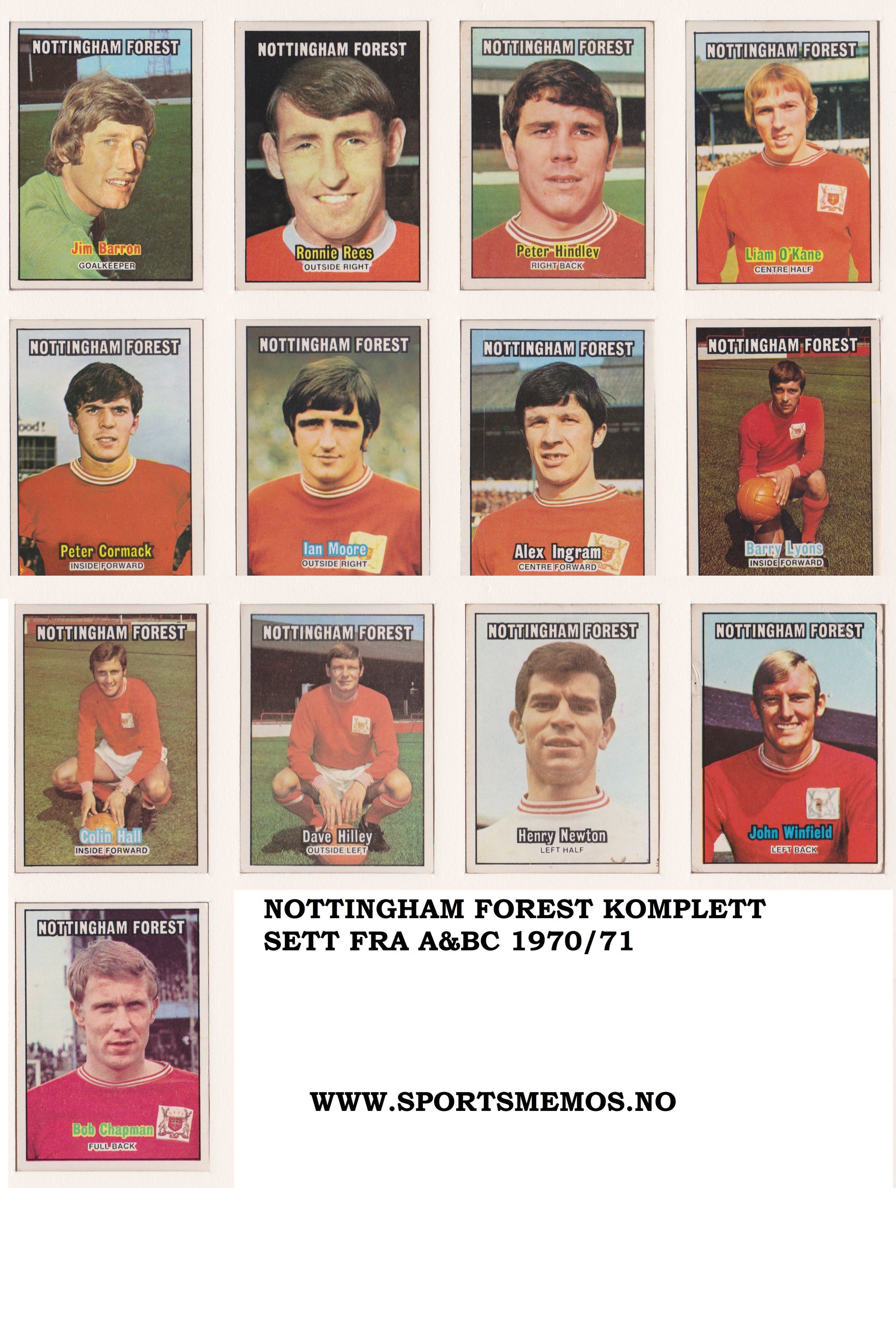 000. NOTTINGHAM FOREST - KOMPLETT SETT MED FOTBALLKORT FRA A&BC 1970/71