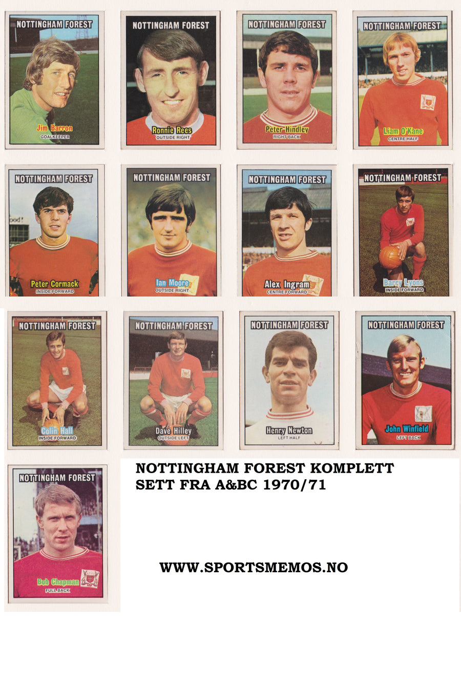 000. NOTTINGHAM FOREST - KOMPLETT SETT MED FOTBALLKORT FRA A&BC 1970/71