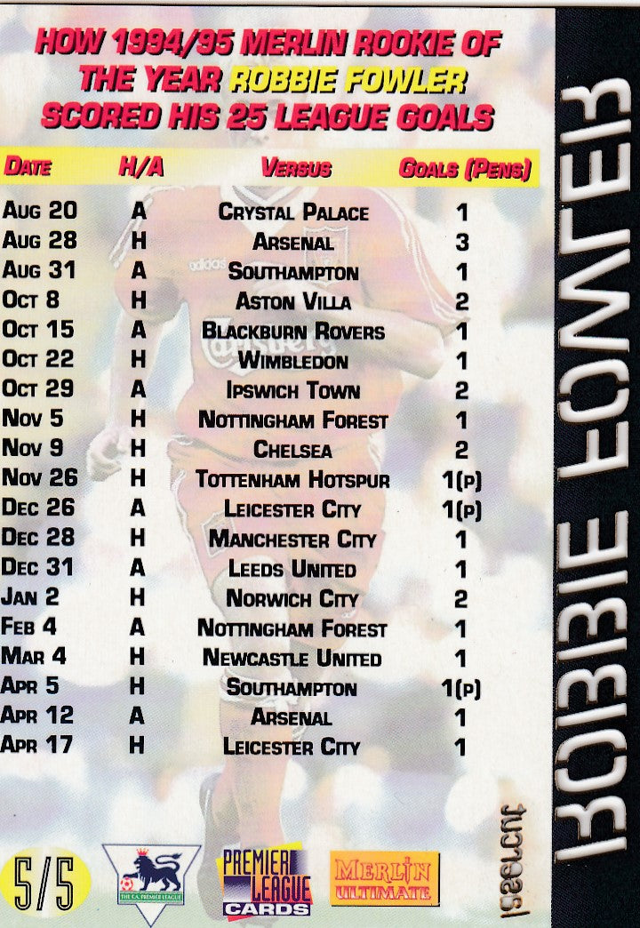 LC-5/5. ROBBIE FOWLER - LIVERPOOL - ROOKIE OF THE YEAR - INSERT - LASERCUT
