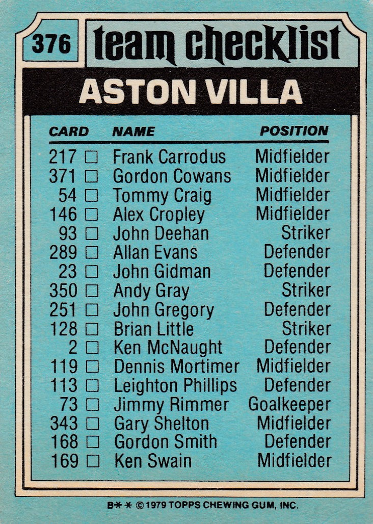376. ASTON VILLA - CHECKLIST - UKRYSSET
