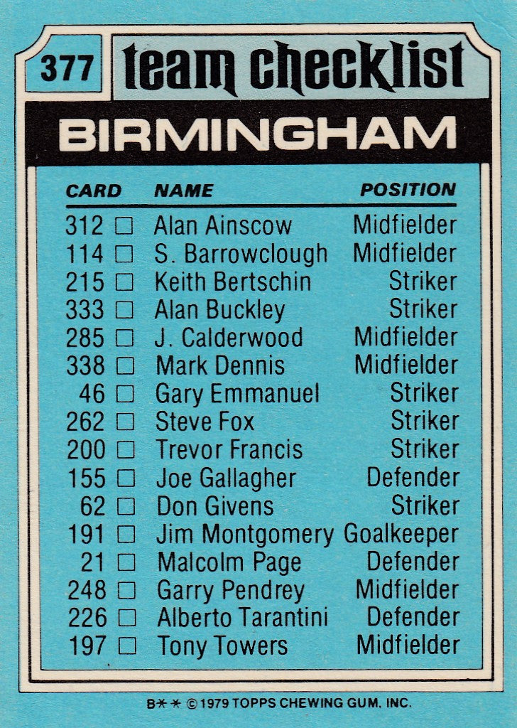 377. BIRMINGHAM - CHECKLIST - UKRYSSET